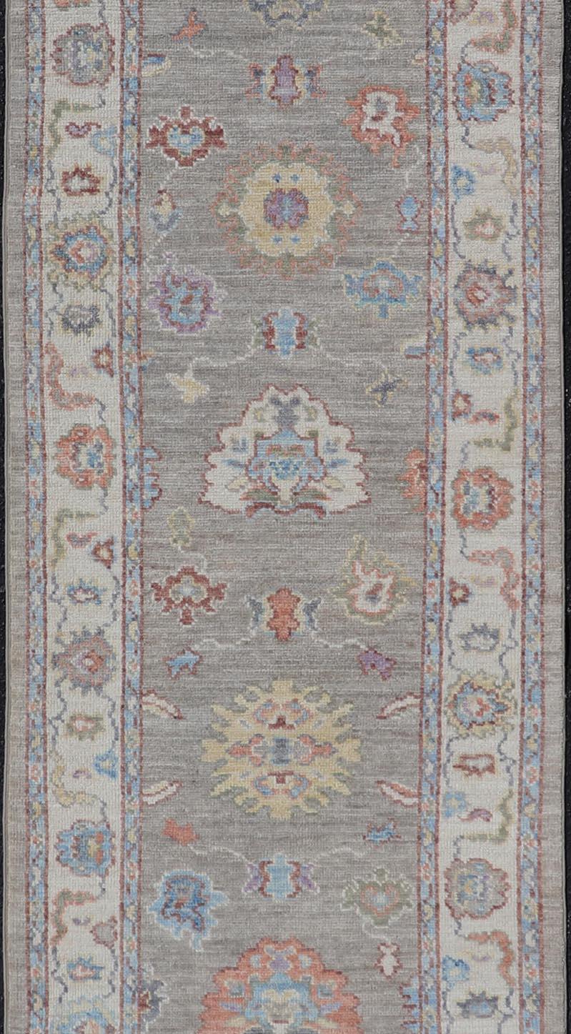 Hand-Knotted Modern Oushak Runner on Light Gray Field and Colorful Motifs 1