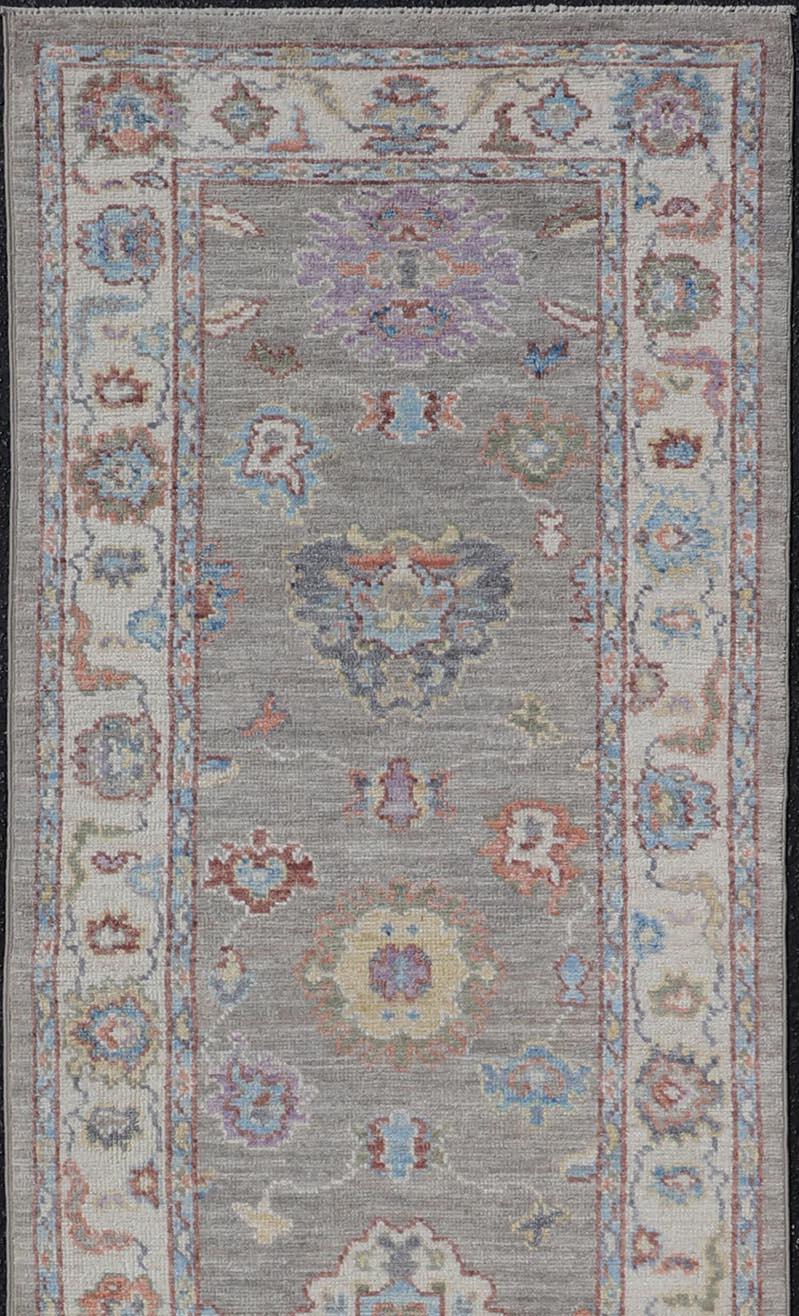 Hand-Knotted Modern Oushak Runner on Light Gray Field and Colorful Motifs 2