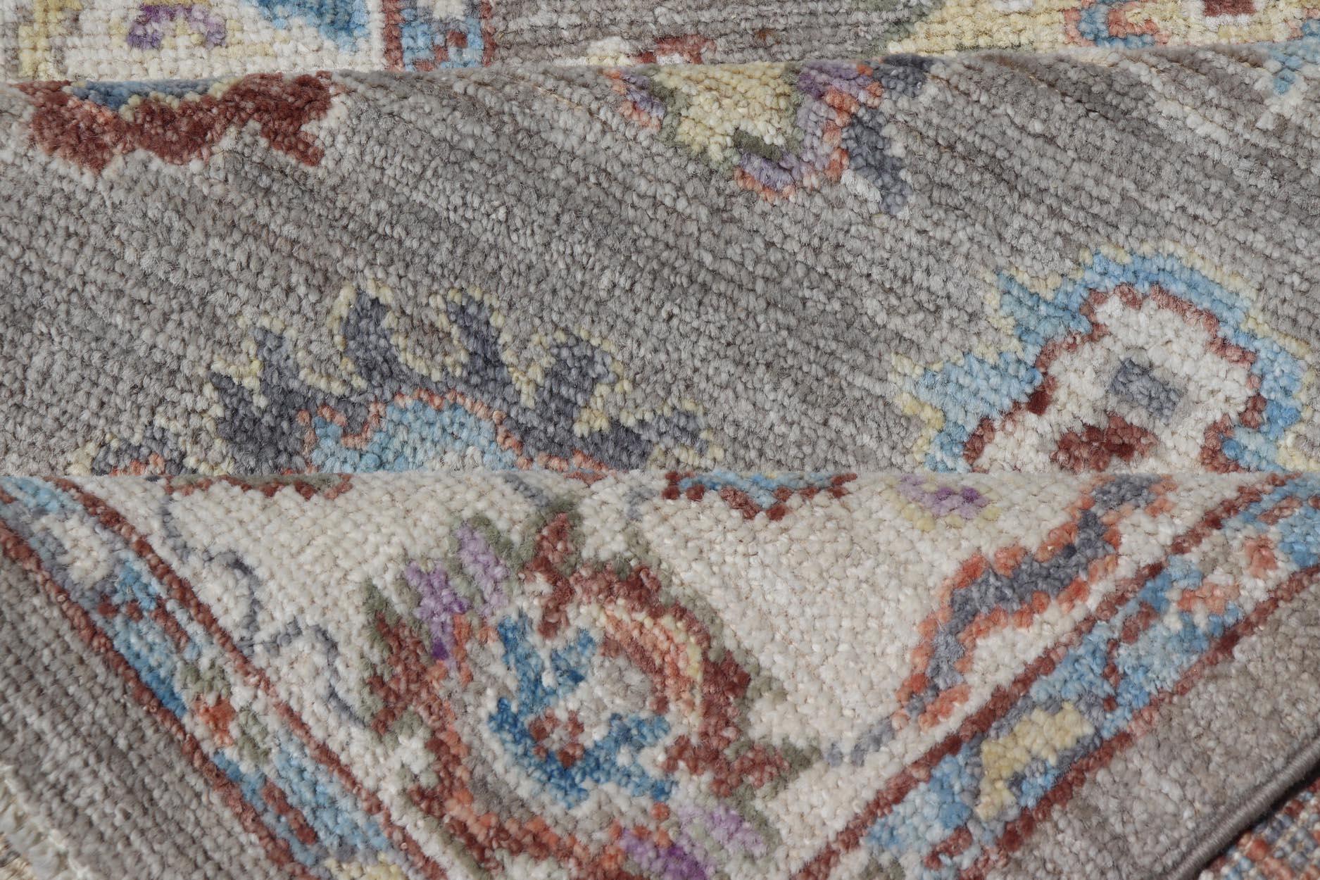Hand-Knotted Modern Oushak Runner on Light Gray Field and Colorful Motifs 3