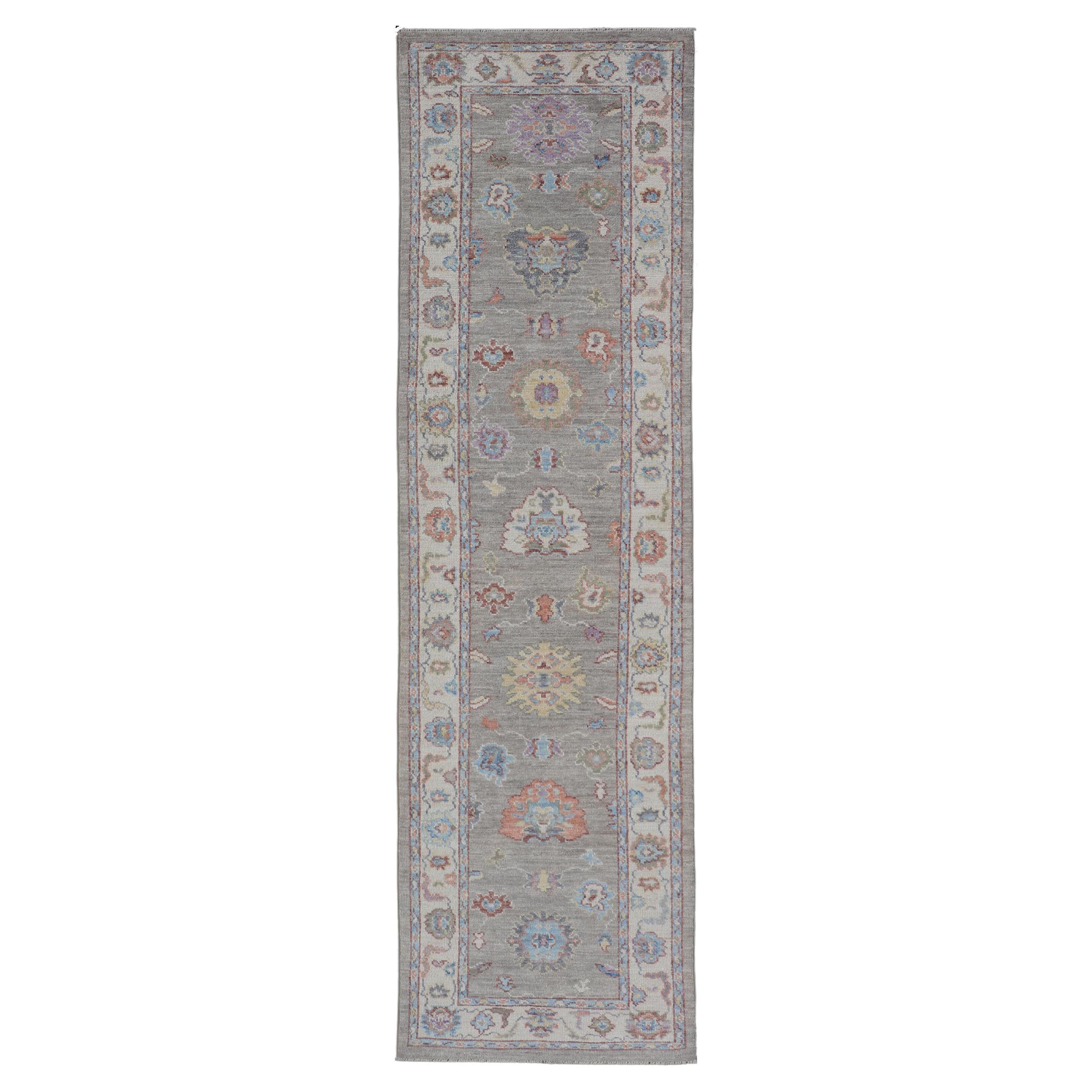 Hand-Knotted Modern Oushak Runner on Light Gray Field and Colorful Motifs