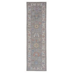 Hand-Knotted Modern Oushak Runner on Light Gray Field and Colorful Motifs