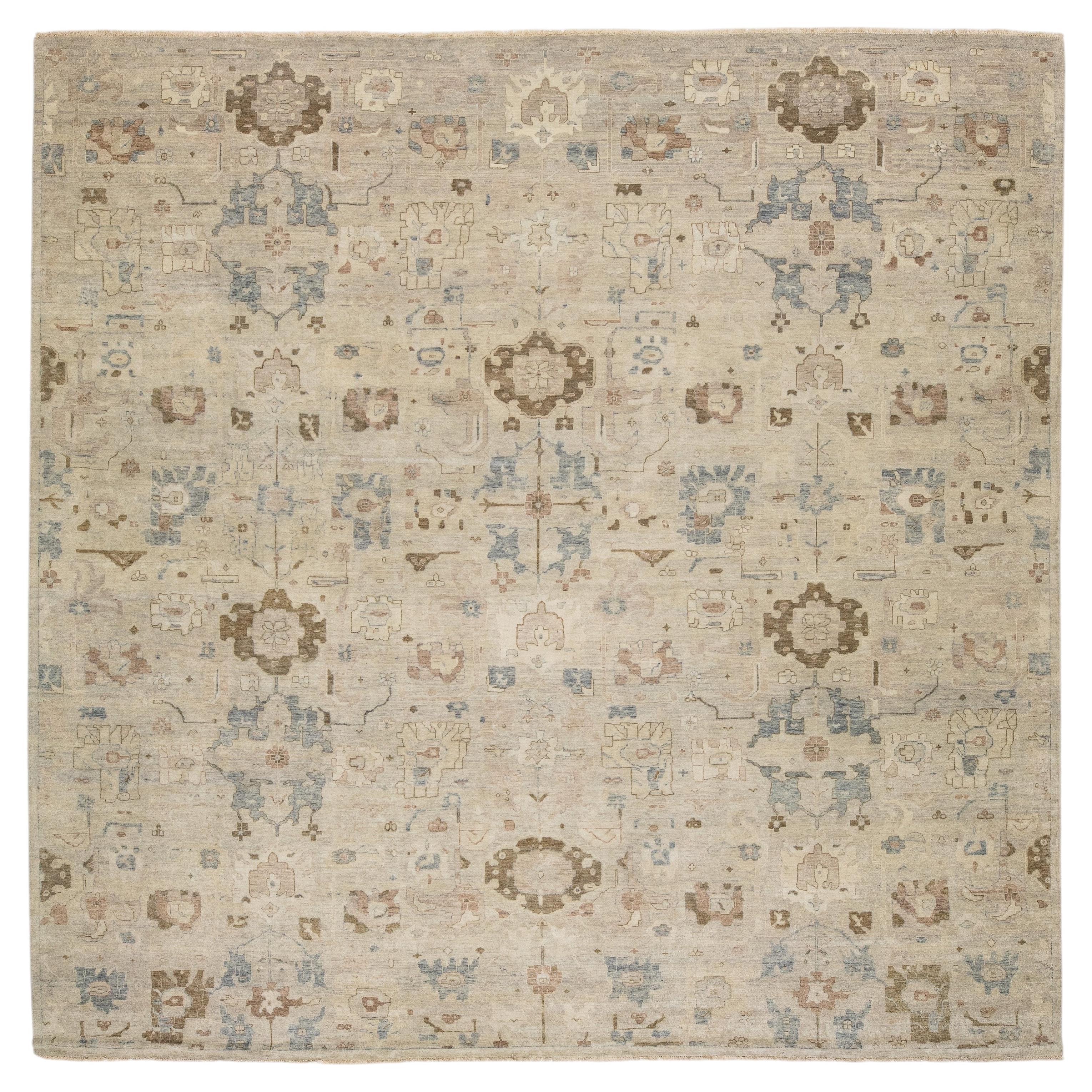 Hand-Knotted Modern Oushak Style Indian Wool Area Rug – Neutral Beige, Soft Blue