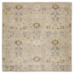 Hand-Knotted Modern Oushak Style Indian Wool Area Rug – Neutral Beige, Soft Blue