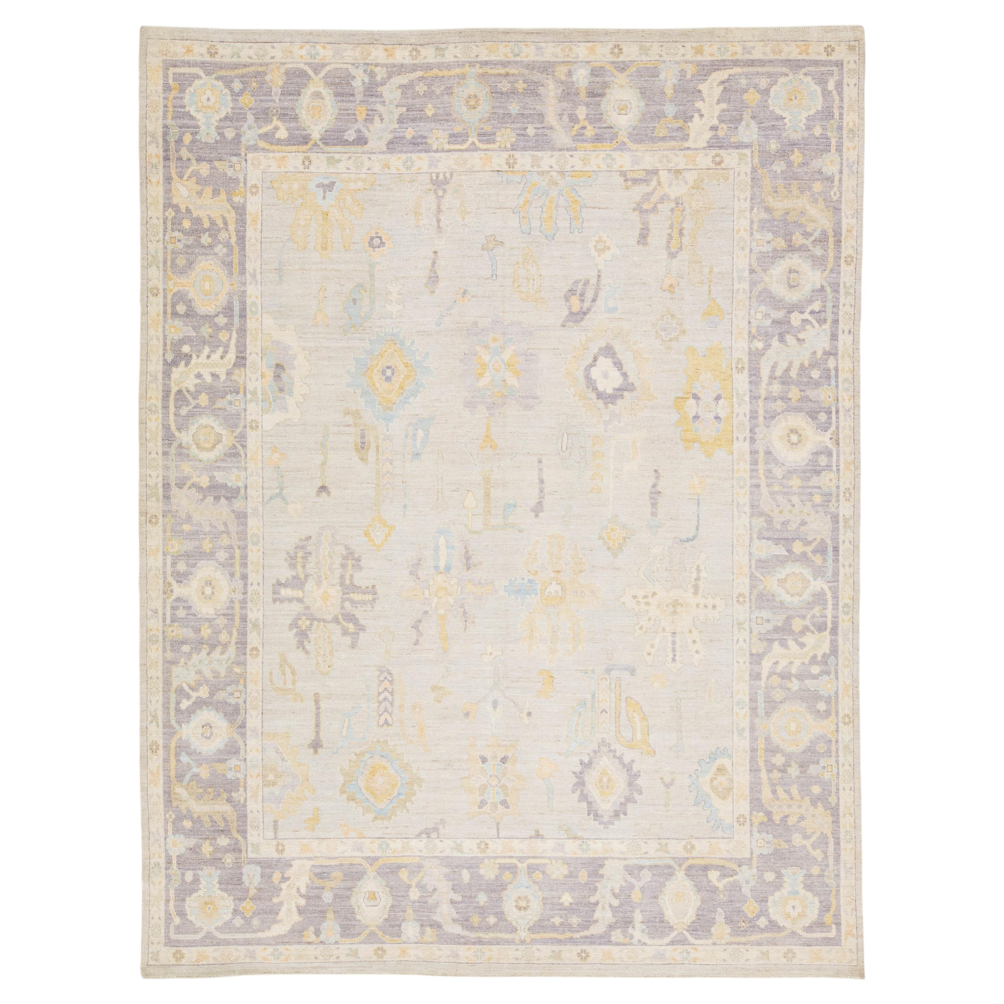 Hand-Knotted Modern Oushak Style Wool Area Rug Muted Silver, Lavender, and Gold For Sale