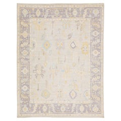 Tappeto moderno in lana stile Oushak, annodato a mano, argento, lavanda e oro