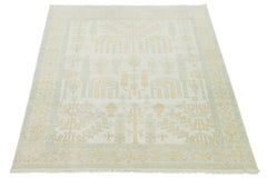 Tappeto moderno in lana Oushak, annodato a mano - Morbido crema, blu cielo e oro floreale