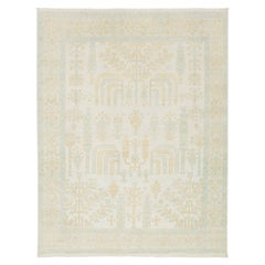 Tappeto moderno in lana Oushak, annodato a mano - Morbido crema, blu cielo e oro floreale