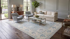 Hand-Knotted Modern Oushak Wool Rug in Soft Sky Blue, Cream & Muted Teal