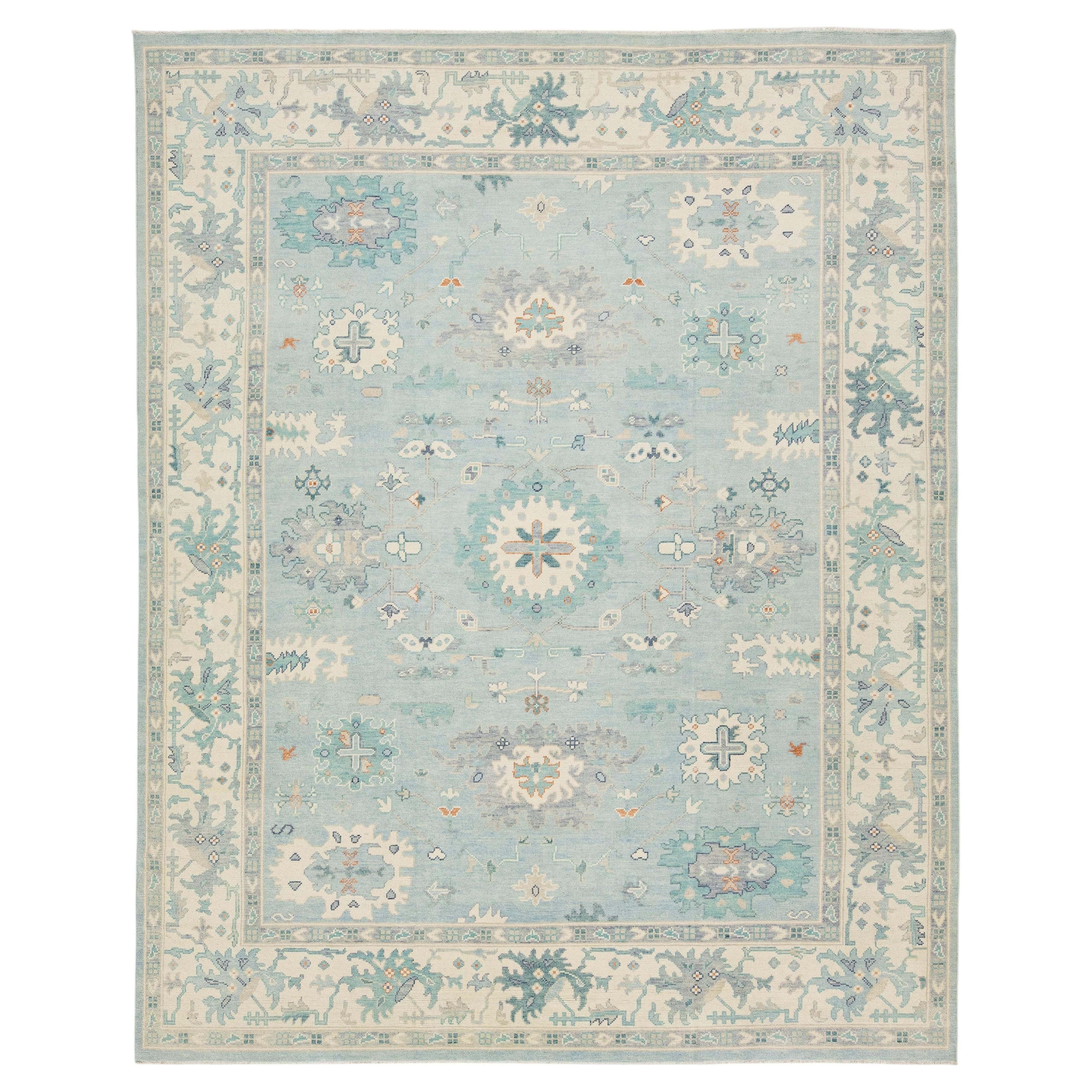 Hand-Knotted Modern Oushak Wool Rug in Soft Sky Blue, Cream & Muted Teal