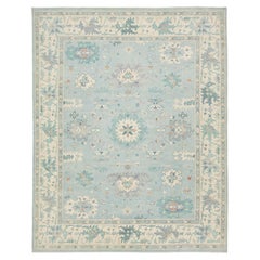 Hand-Knotted Modern Oushak Wool Rug in Soft Sky Blue, Cream & Muted Teal