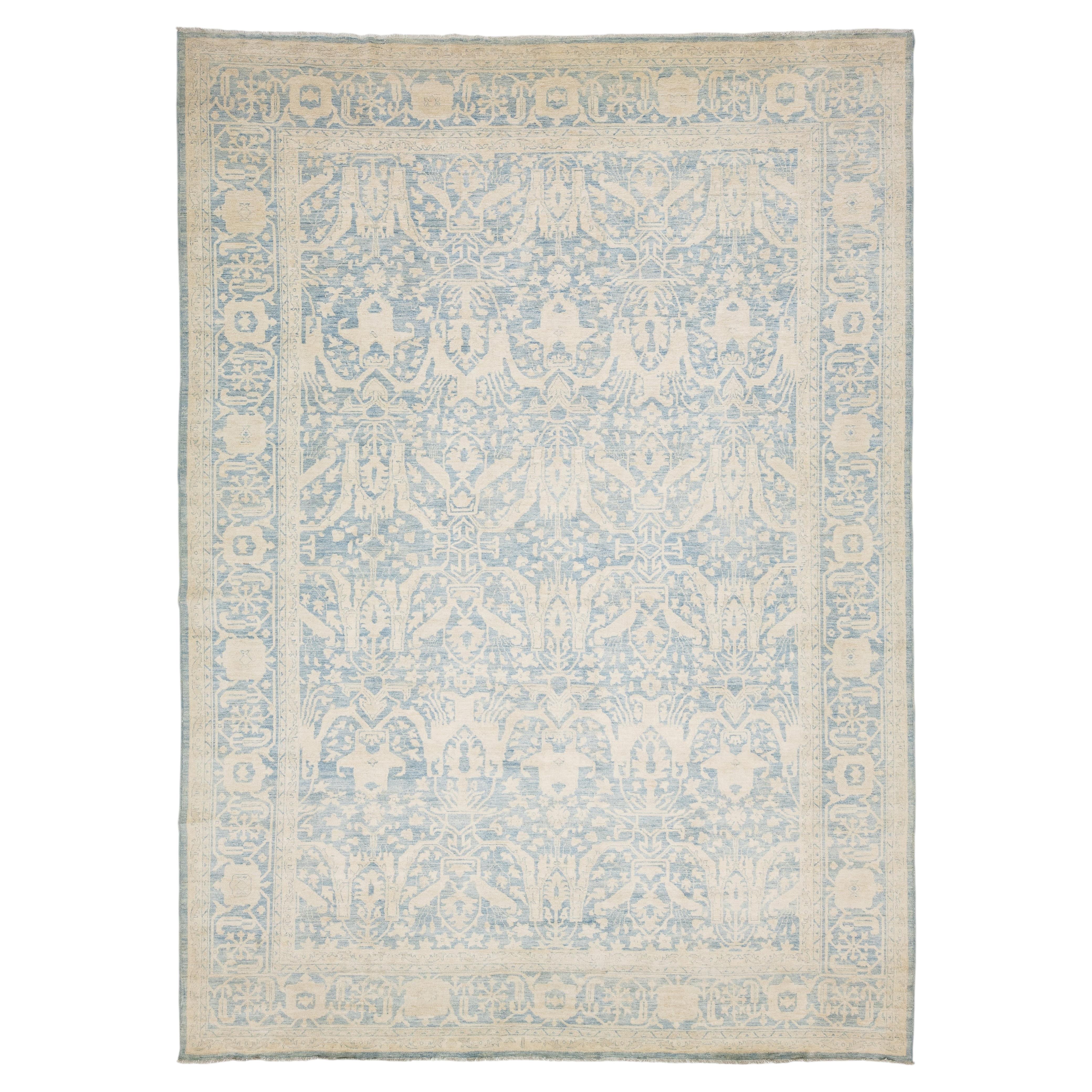 Hand-Knotted Modern Oushak-Style Wool Rug in Muted Ice Blue & Ivory For Sale