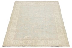 Hand-Knotted Modern Peshawar Wool Rug – Muted Light Blue & Cream Floral Design
