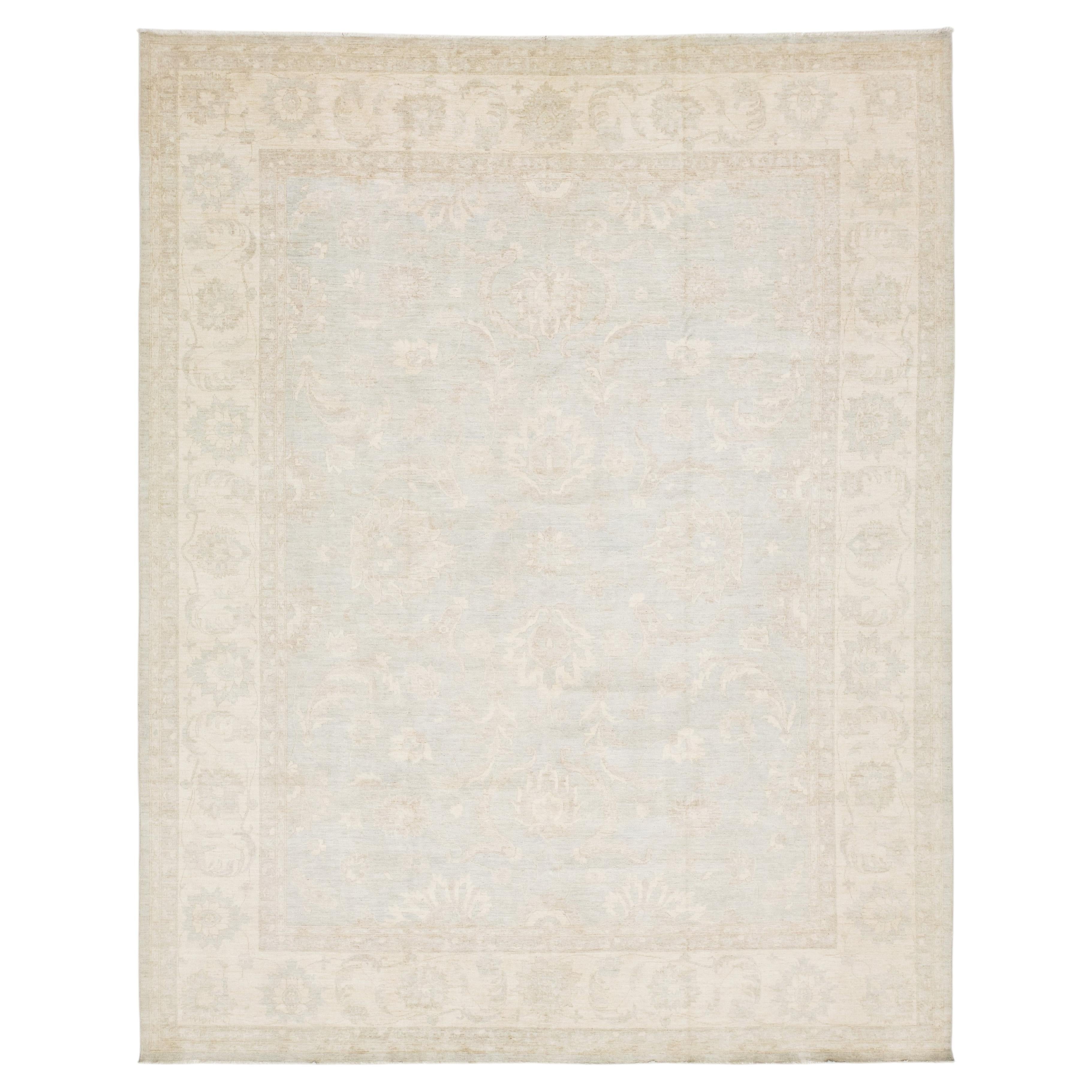 Hand-Knotted Modern Peshawar Wool Rug – Muted Light Blue & Cream Floral Design