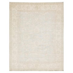Hand-Knotted Modern Peshawar Wool Rug – Muted Light Blue & Cream Floral Design