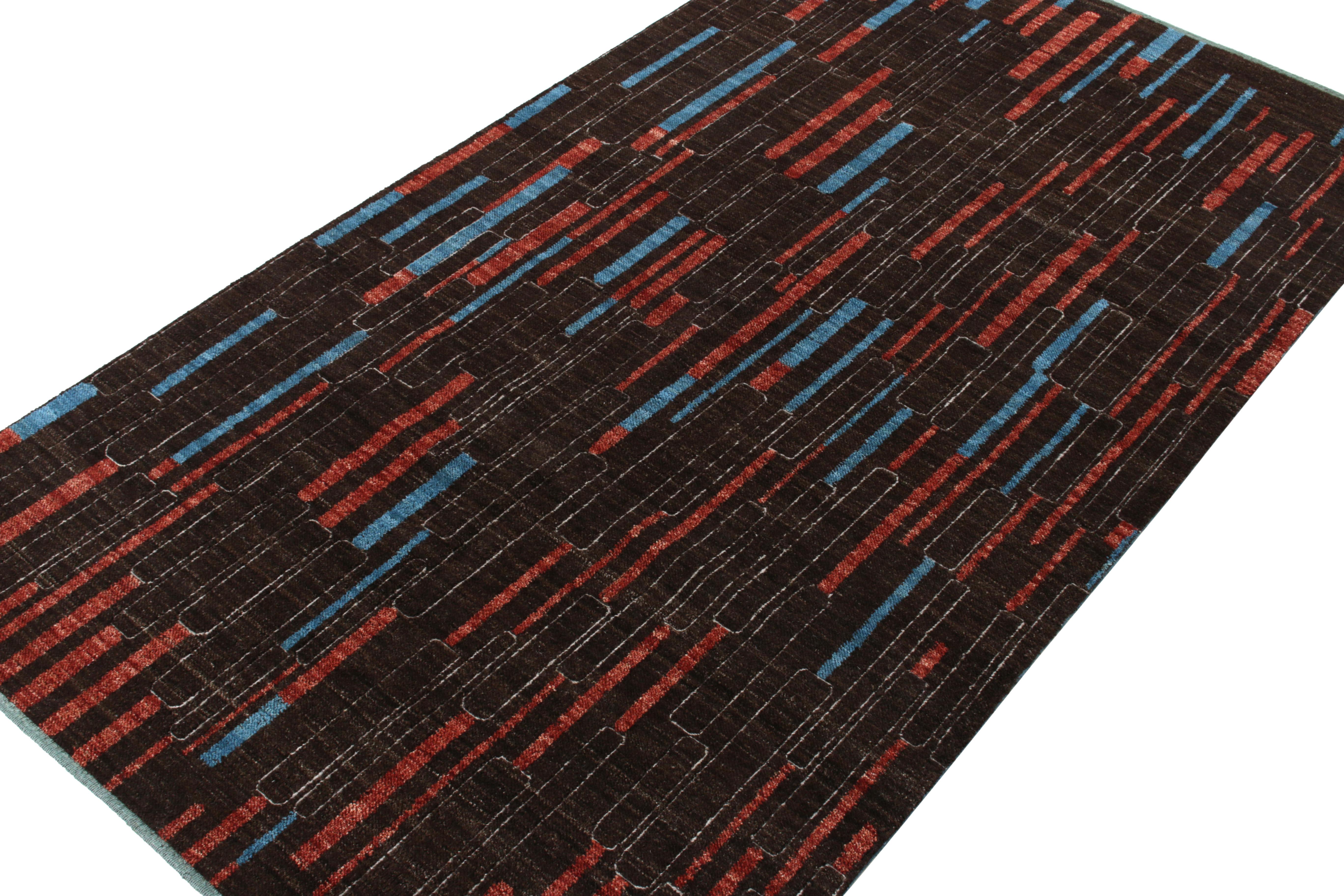 Mid-Century Modern Rug & Kilim's Hand-Knotted Modern Rug in Brown, Red and Blue Deco Pattern For Sale