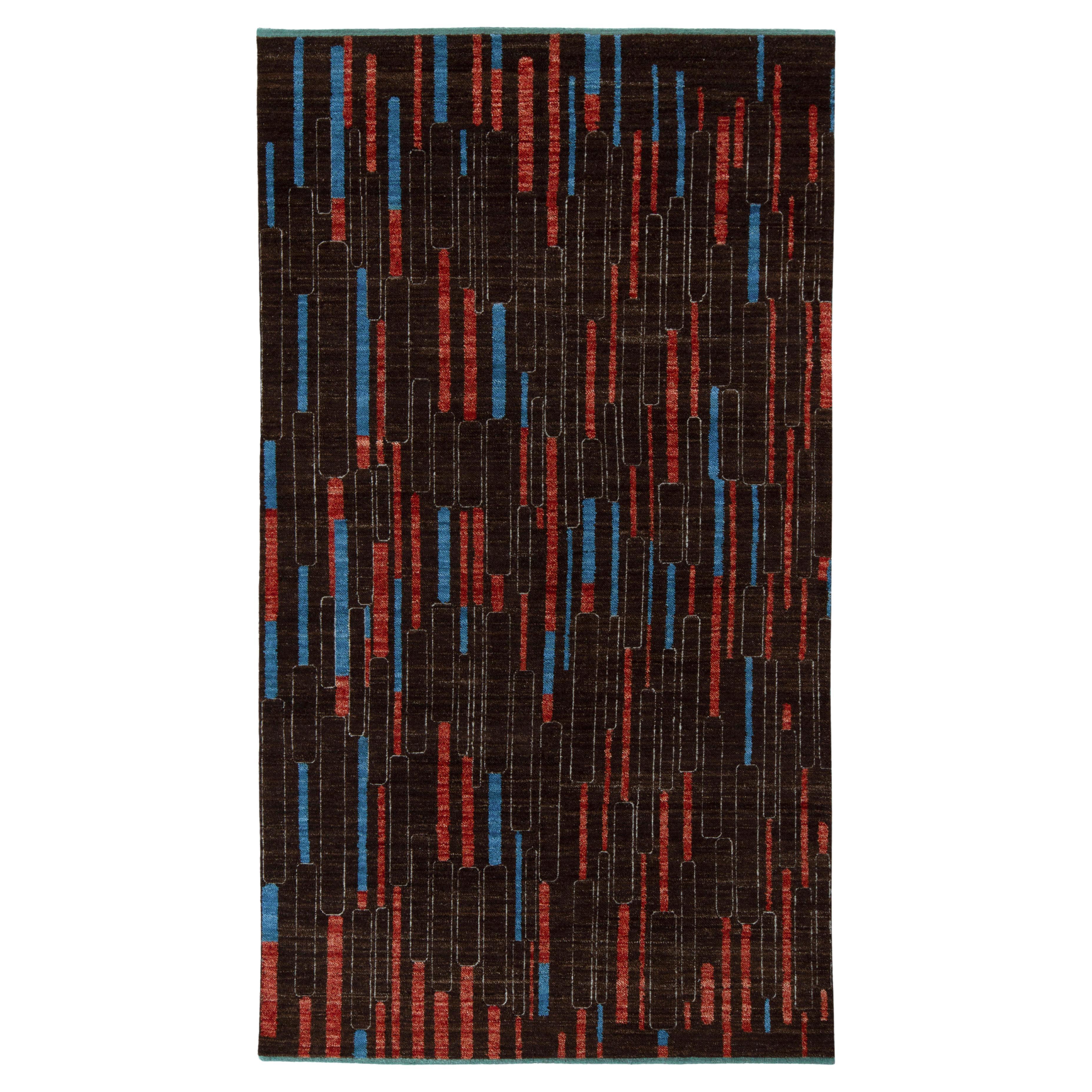 Rug & Kilim's Hand-Knotted Modern Rug in Brown, Red and Blue Deco Pattern For Sale