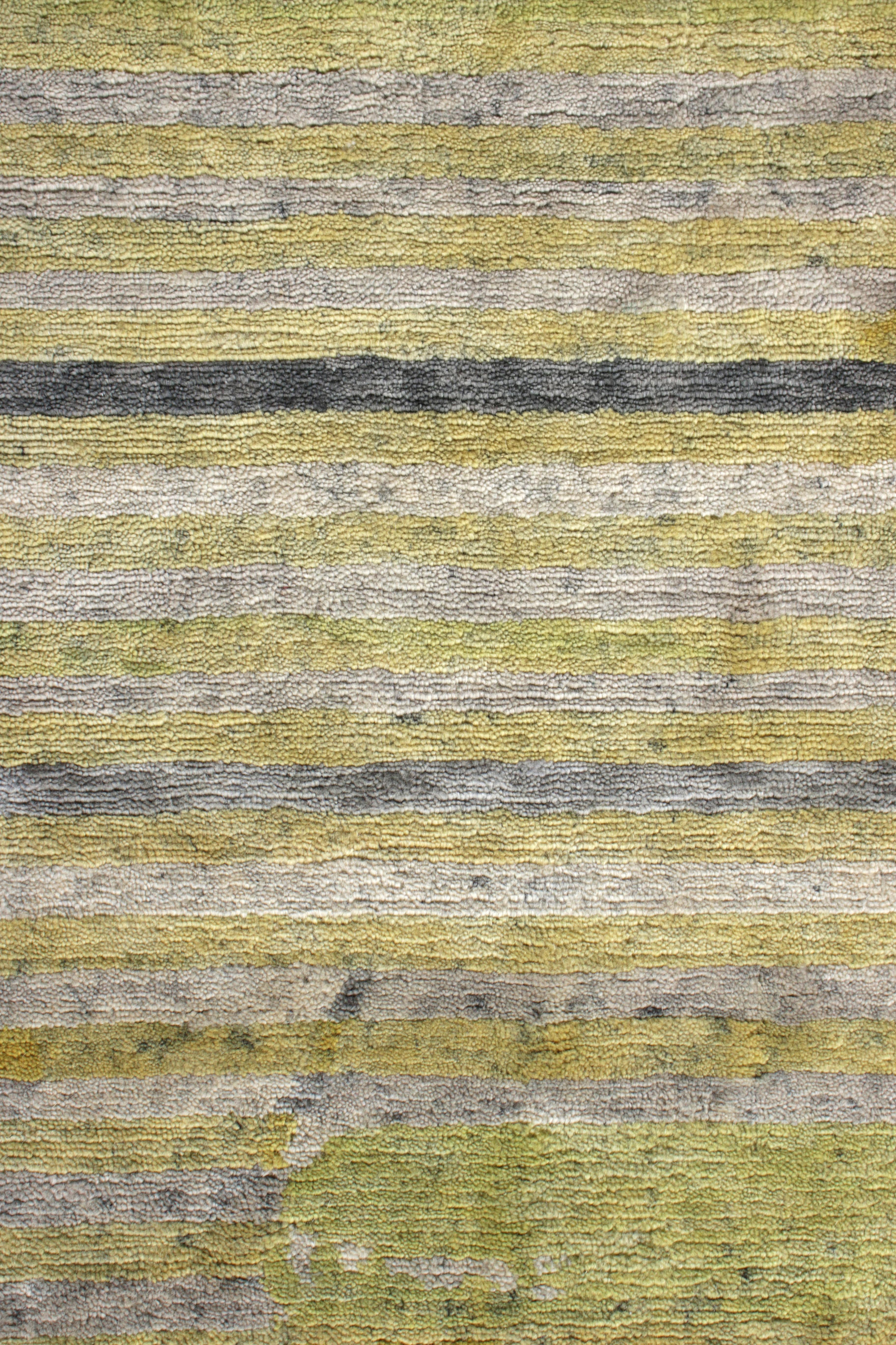 Hand-Knotted Rug & Kilim's Hand Knotted Modern Rug in Green Gray and Gold Striped Pattern
