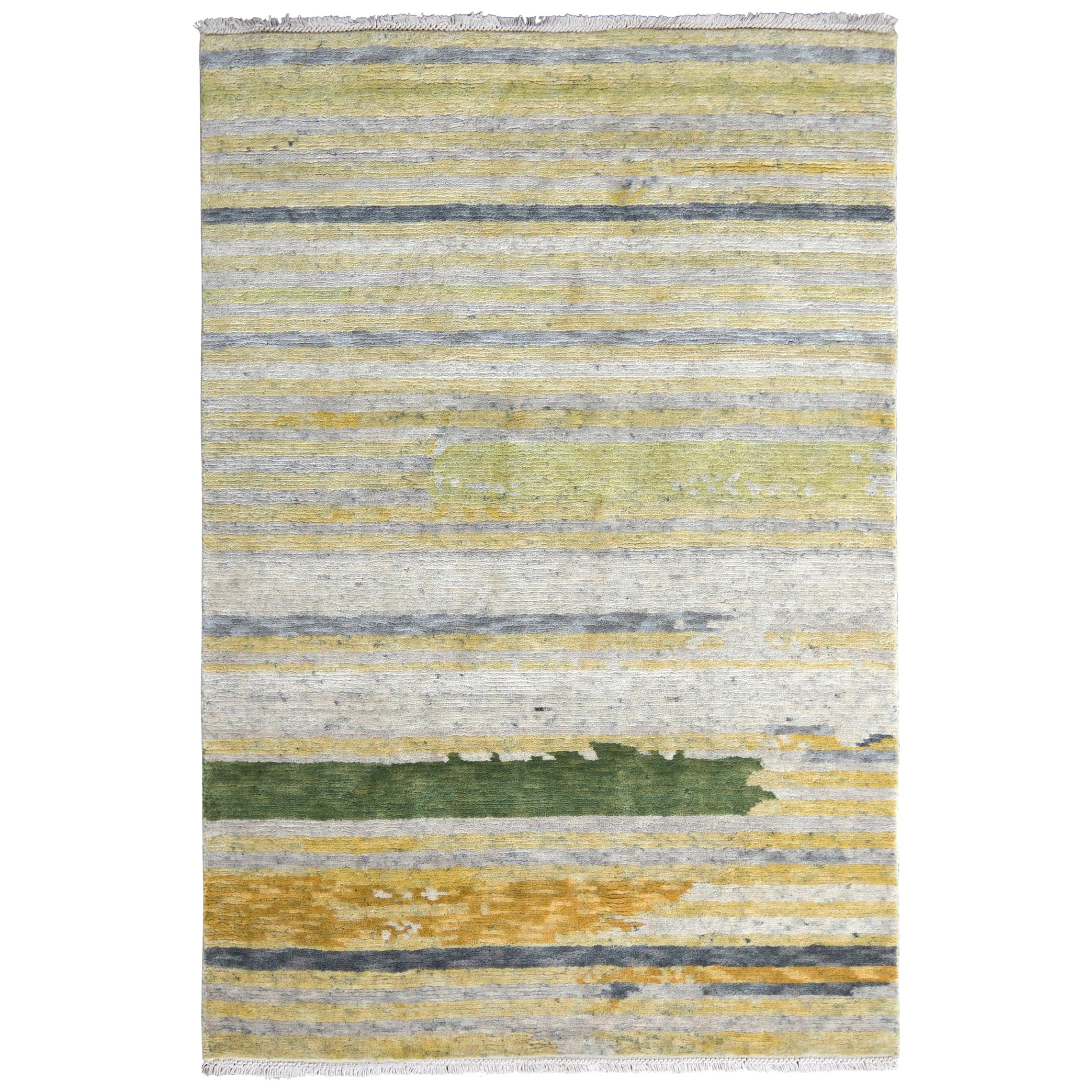 Rug & Kilim's Hand Knotted Modern Rug in Green Gray and Gold Striped Pattern
