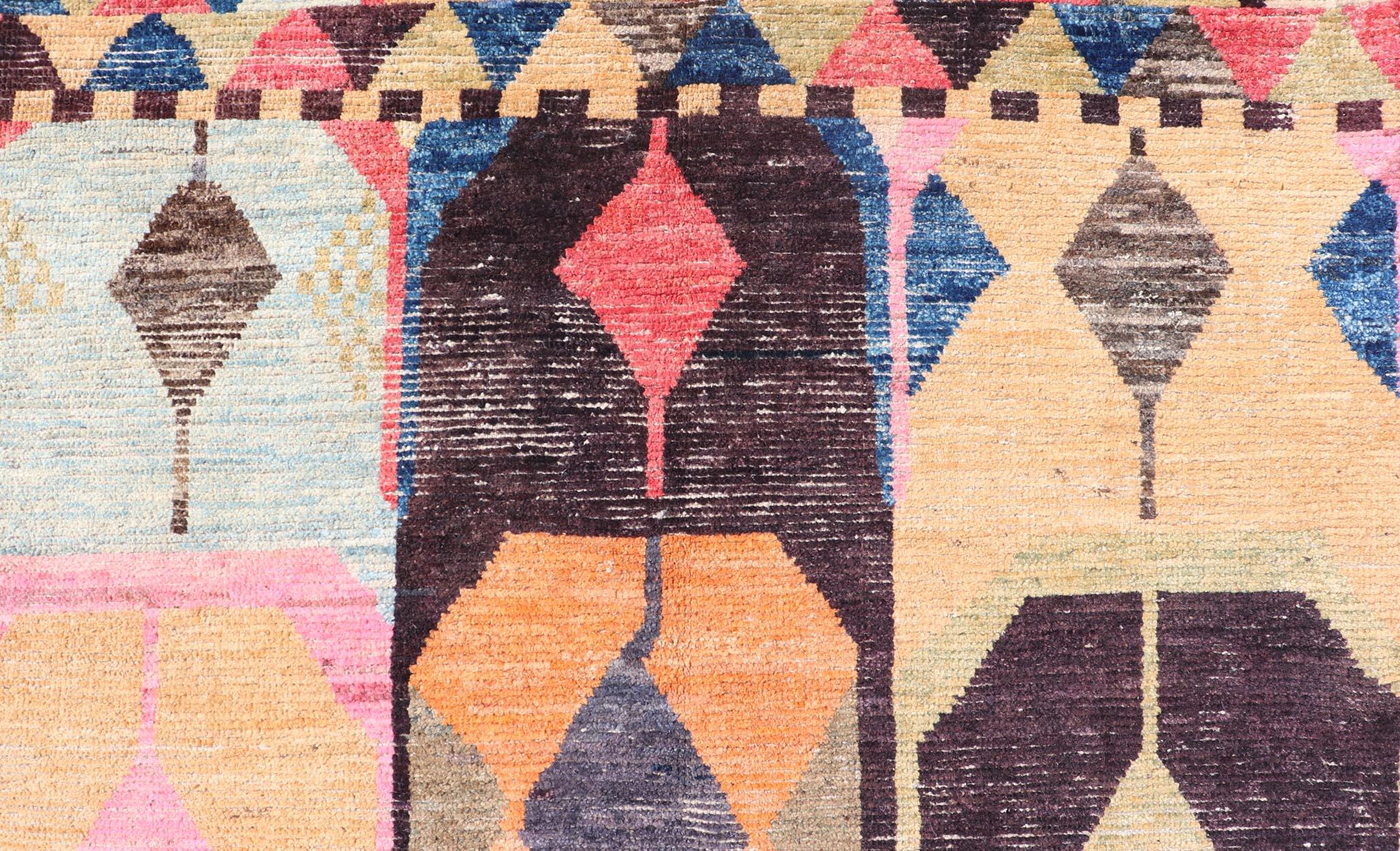 Afghan Multicolor Modern Rug in Art Deco Design For Sale