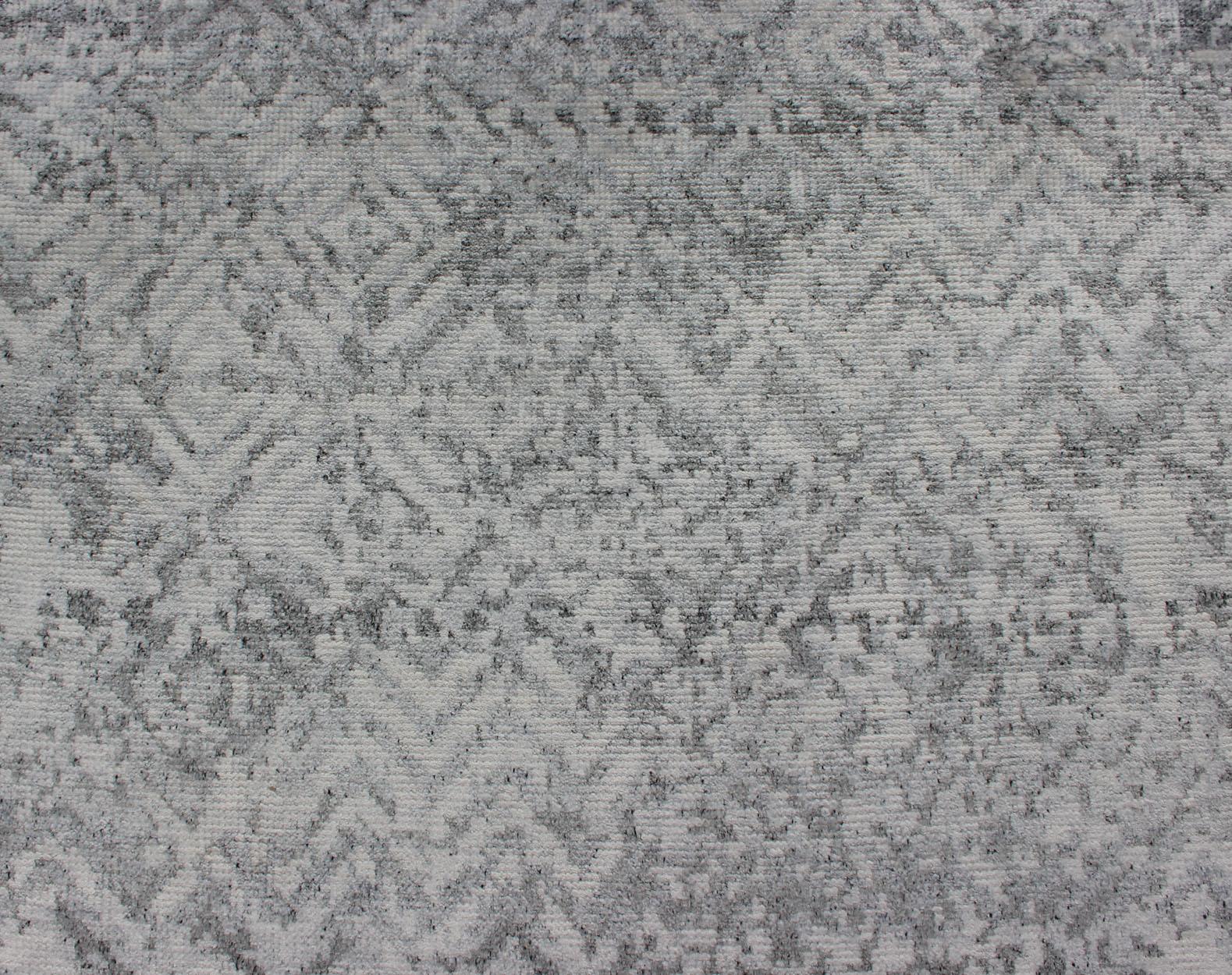 Hand Knotted Modern Rug with Abstract Modern Pattern in White, Blue & Gray 1