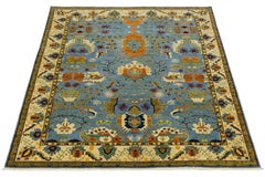 Tappeto moderno in stile Serapi annodato a mano in lana geometrica blu e terracotta 8x11