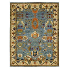 Hand-Knotted Modern Serapi Style Rug Blue & Terracotta Geometric Wool 8x11