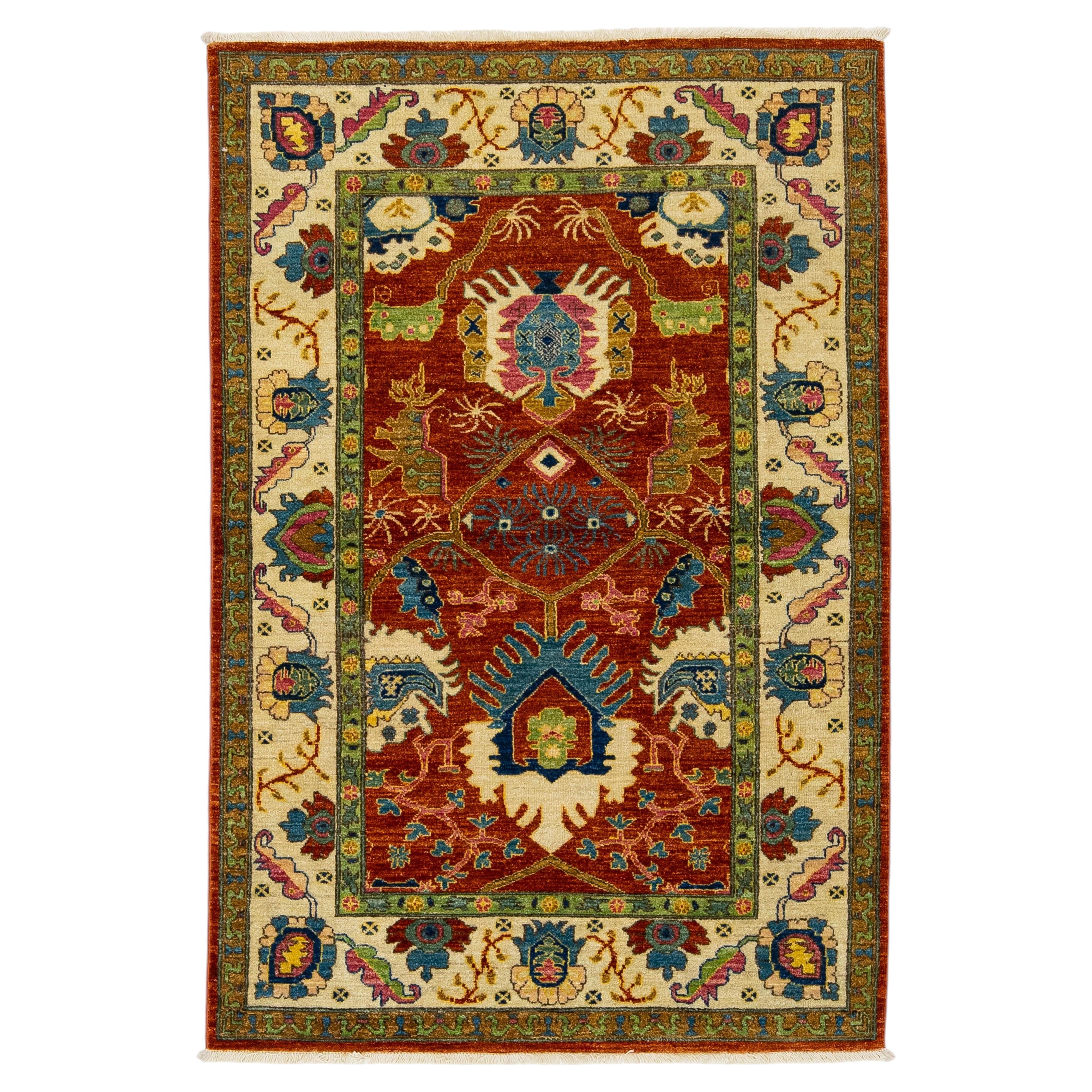 Hand-Knotted Modern Serapi Style Rust & Ivory Wool Area Rug 4x6