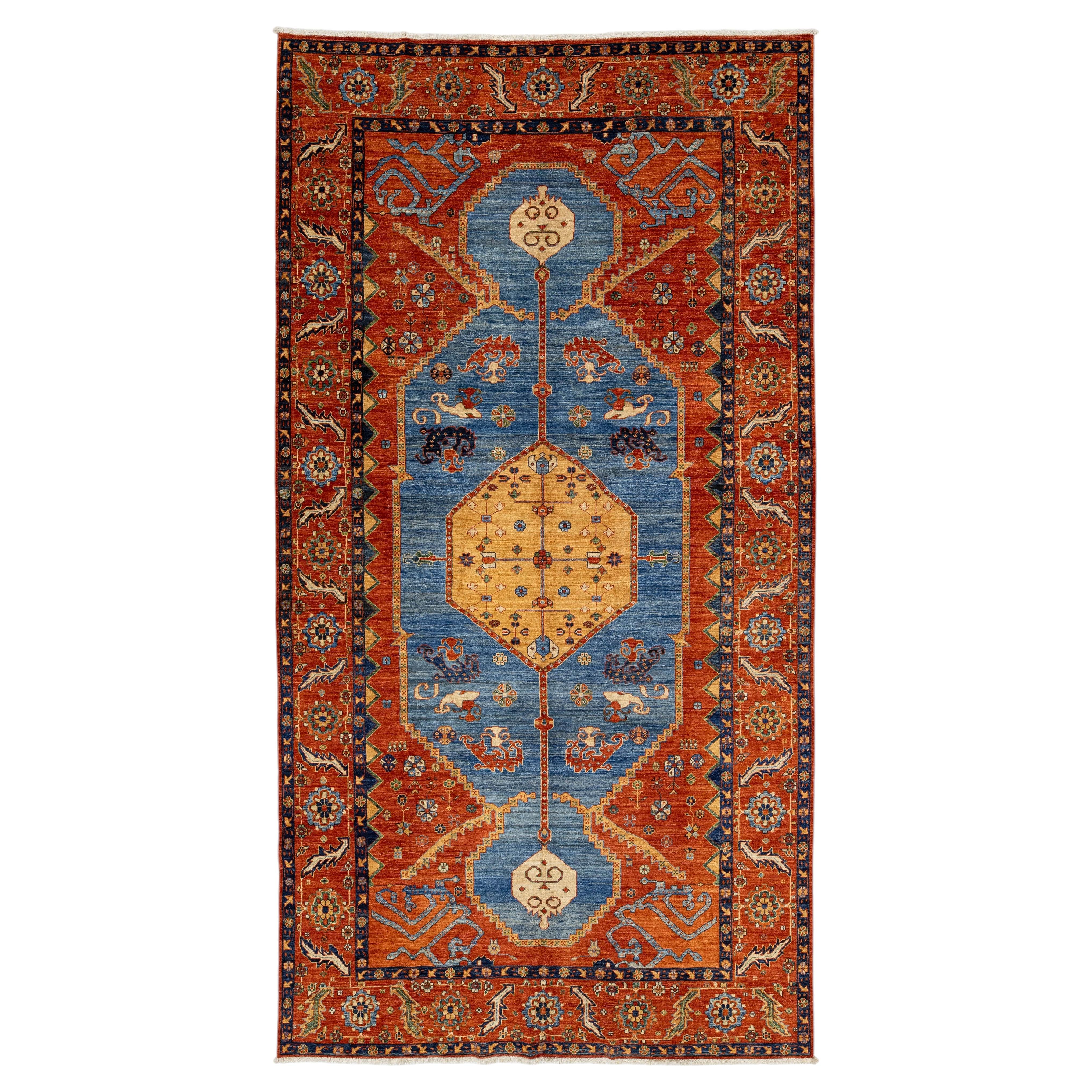Hand-Knotted Modern Serapi Style Wool Rug – Vibrant Rust, Blue & Gold Geometric