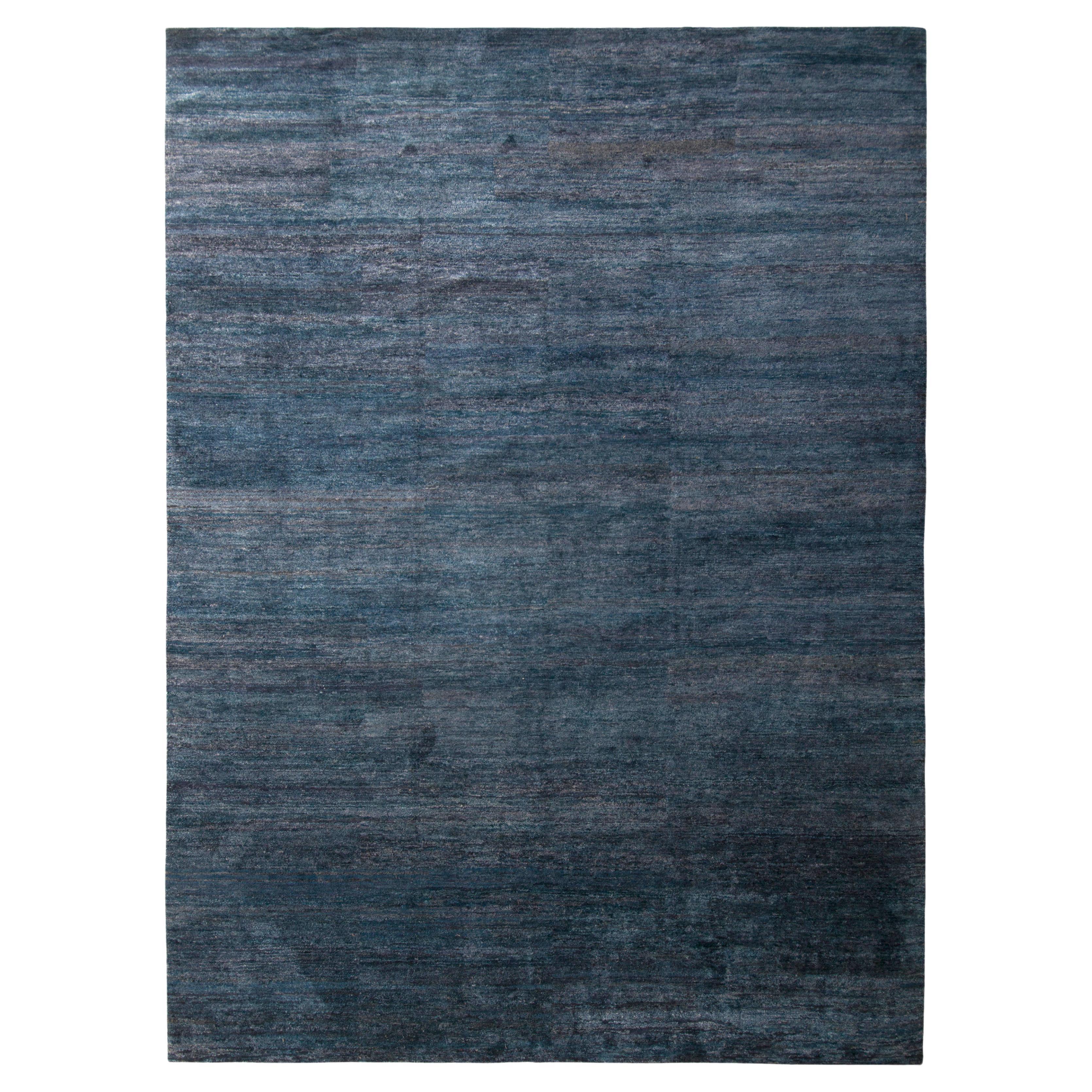 Rug & Kilim's Hand-Knotted Modern Solid Custom Rug, Blue Two-Tone Silk For Sale