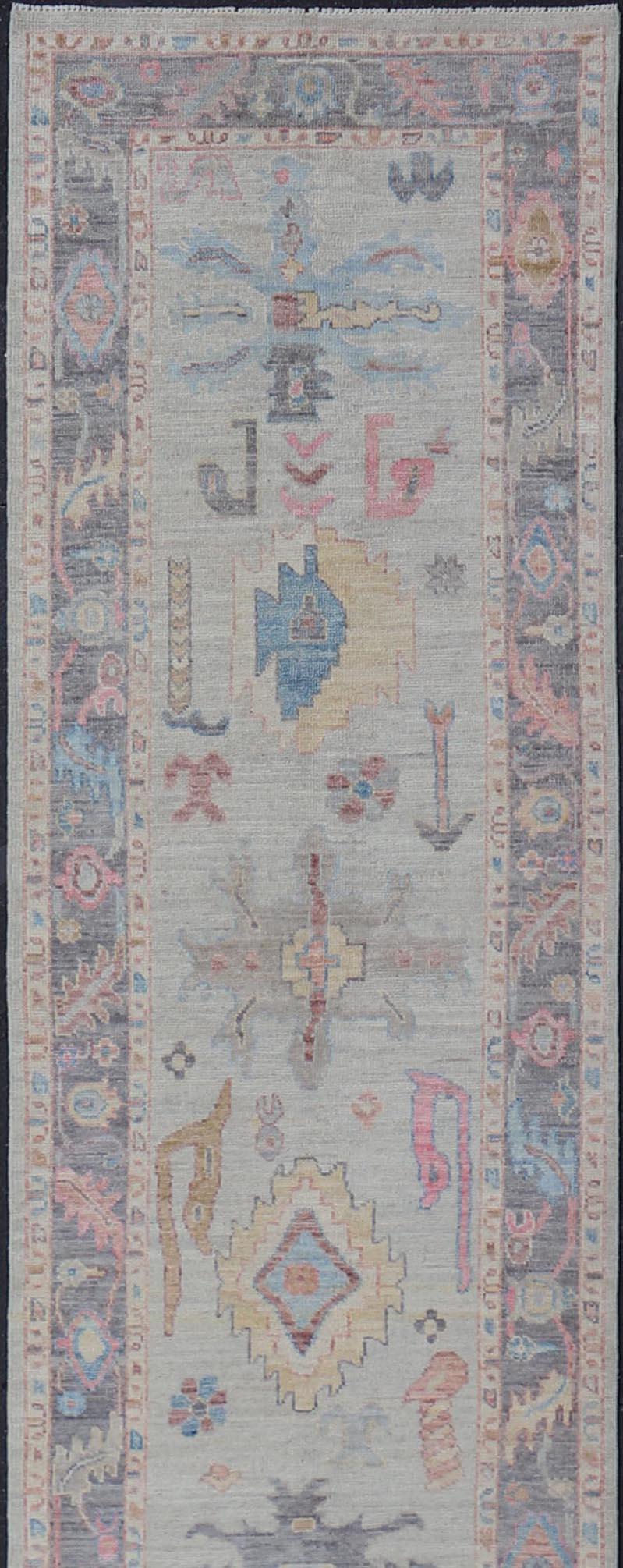Afghan Hand-Knotted Modern Tribal Oushak Long Runner in Wool with Colorful Motifs For Sale