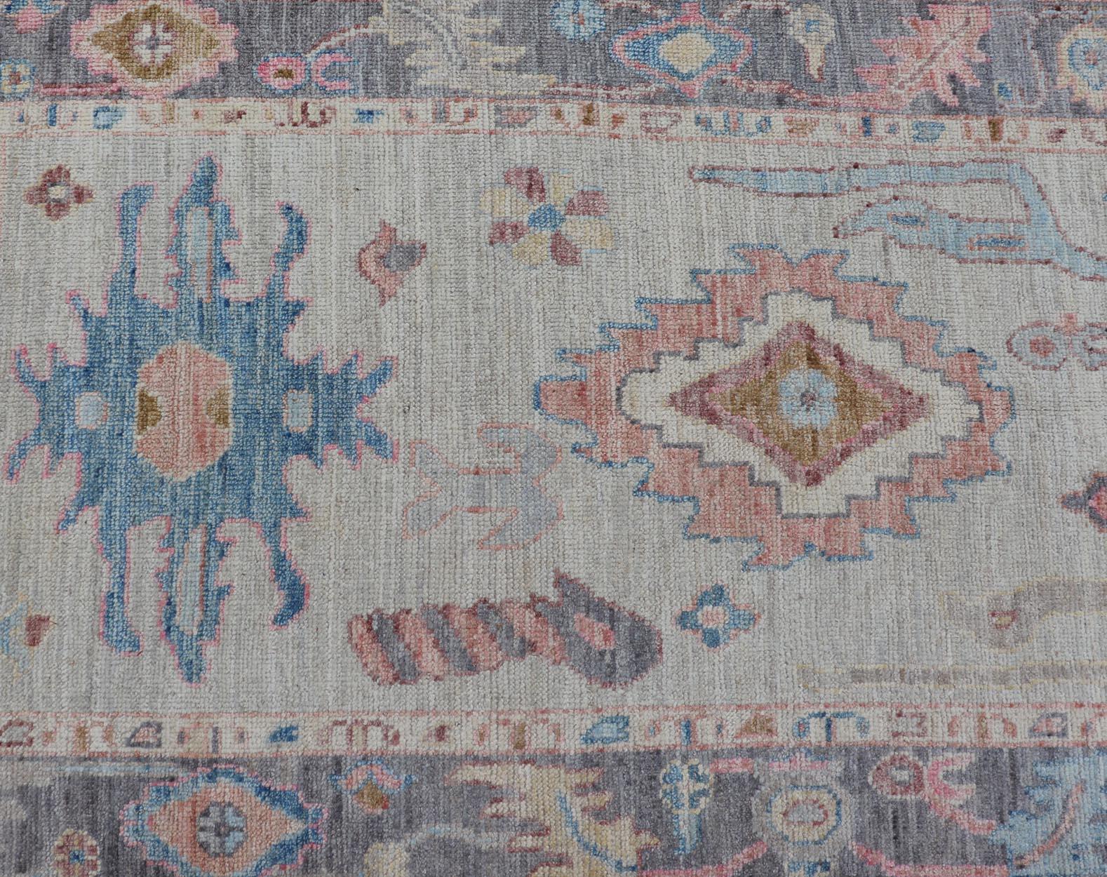 Contemporary Hand-Knotted Modern Tribal Oushak Long Runner in Wool with Colorful Motifs For Sale
