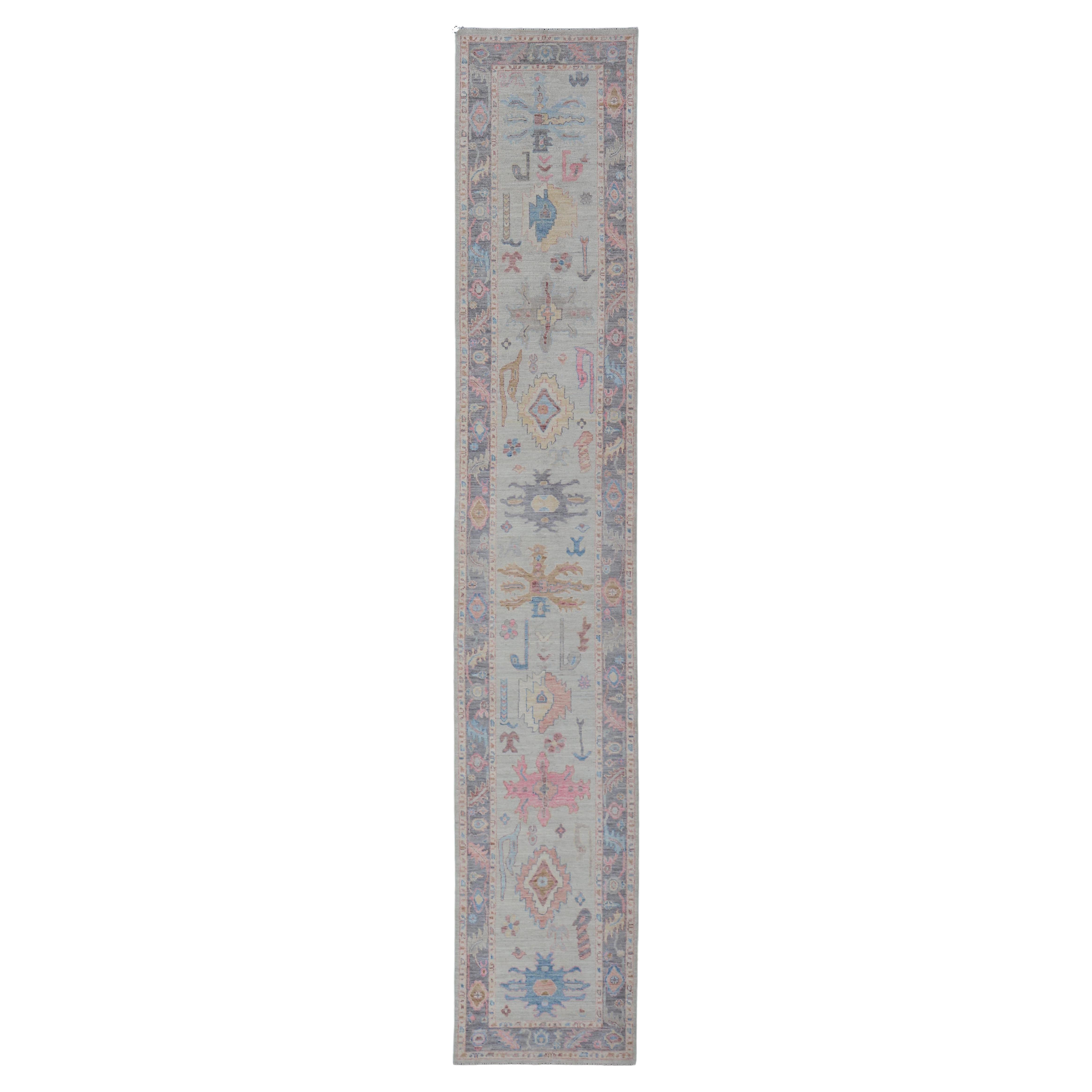Hand-Knotted Modern Tribal Oushak Long Runner in Wool with Colorful Motifs For Sale