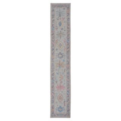 Hand-Knotted Modern Tribal Oushak Long Runner in Wool with Colorful Motifs