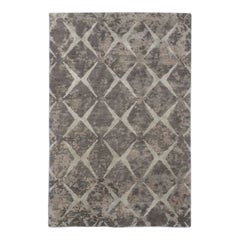 Hand-Knotted Modern Wool Silk Rug 4x6 Grey Diamond Trellis Abstract