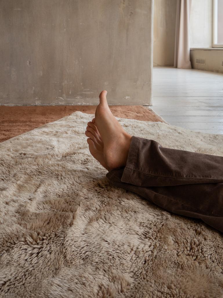 Contemporary Hand-Knotted Moroccan Beni Mrirt rug 5’x7’, Solid Oat Plush Rug, Custom-Made For Sale