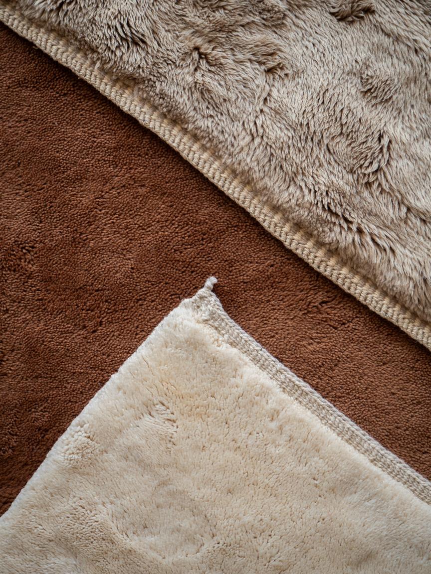 Wool Hand-Knotted Moroccan Beni Mrirt rug 5’x7’, Solid Oat Plush Rug, Custom-Made For Sale