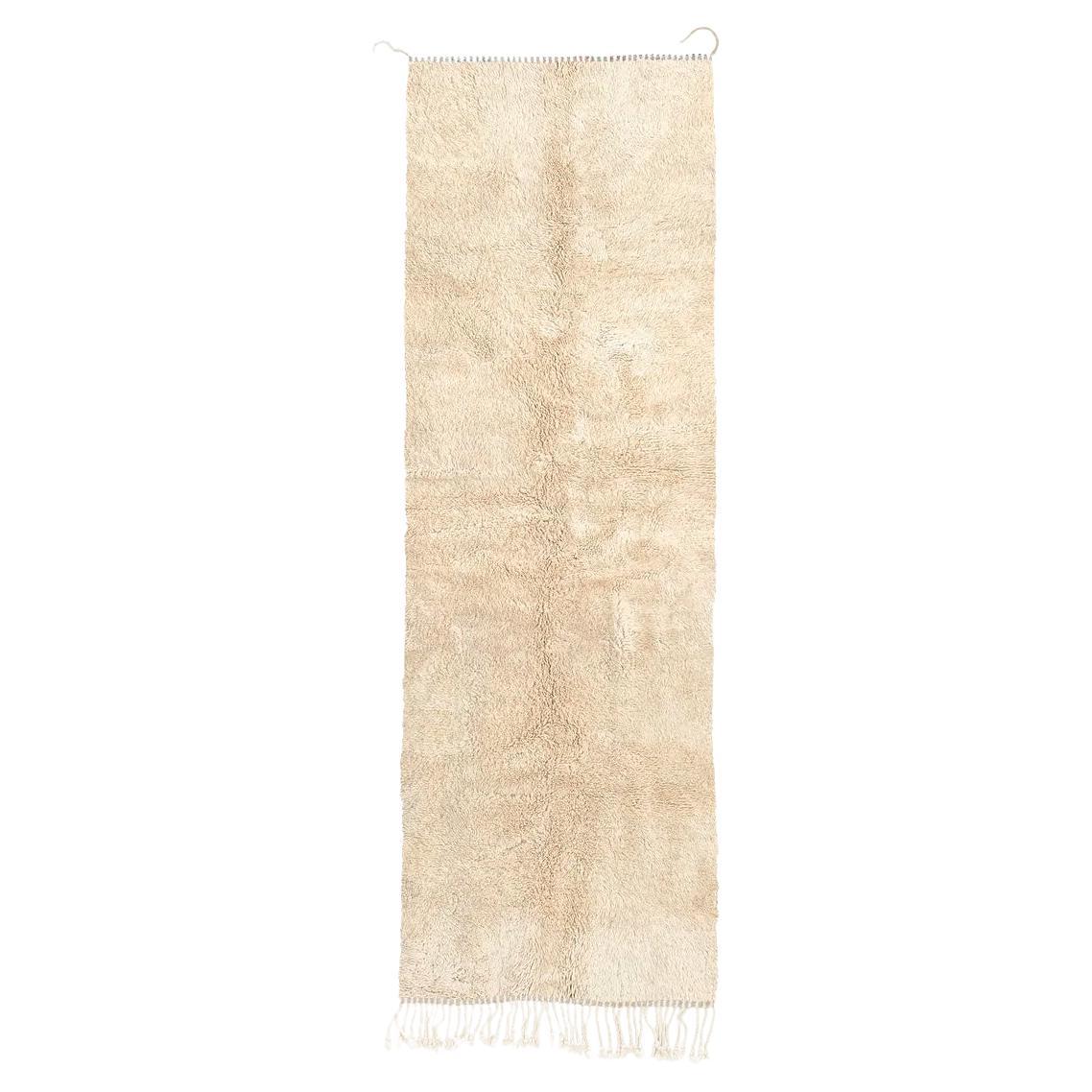 Hand-Knotted Moroccan Beni Mrirt  runner 8’x14’, Solid White Plush, Custom-Made For Sale