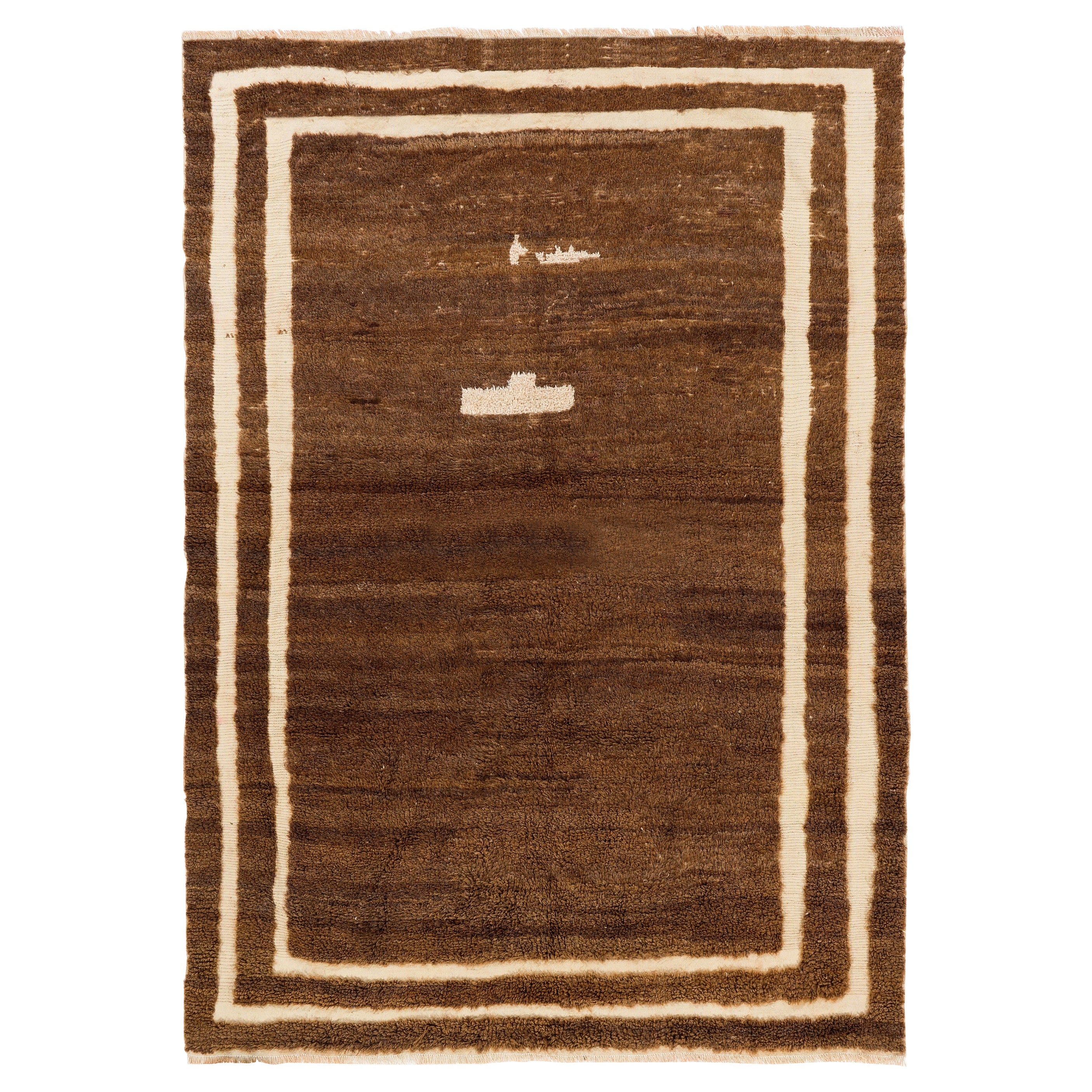 Hand-knotted Moroccan Berber Style Tulu Rug Made of Natural Beige and Brown Wool