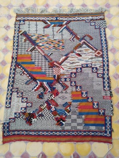 Hand Knotted Moroccan Berber Zanifi Area Rug Blue Red Orange Pattern