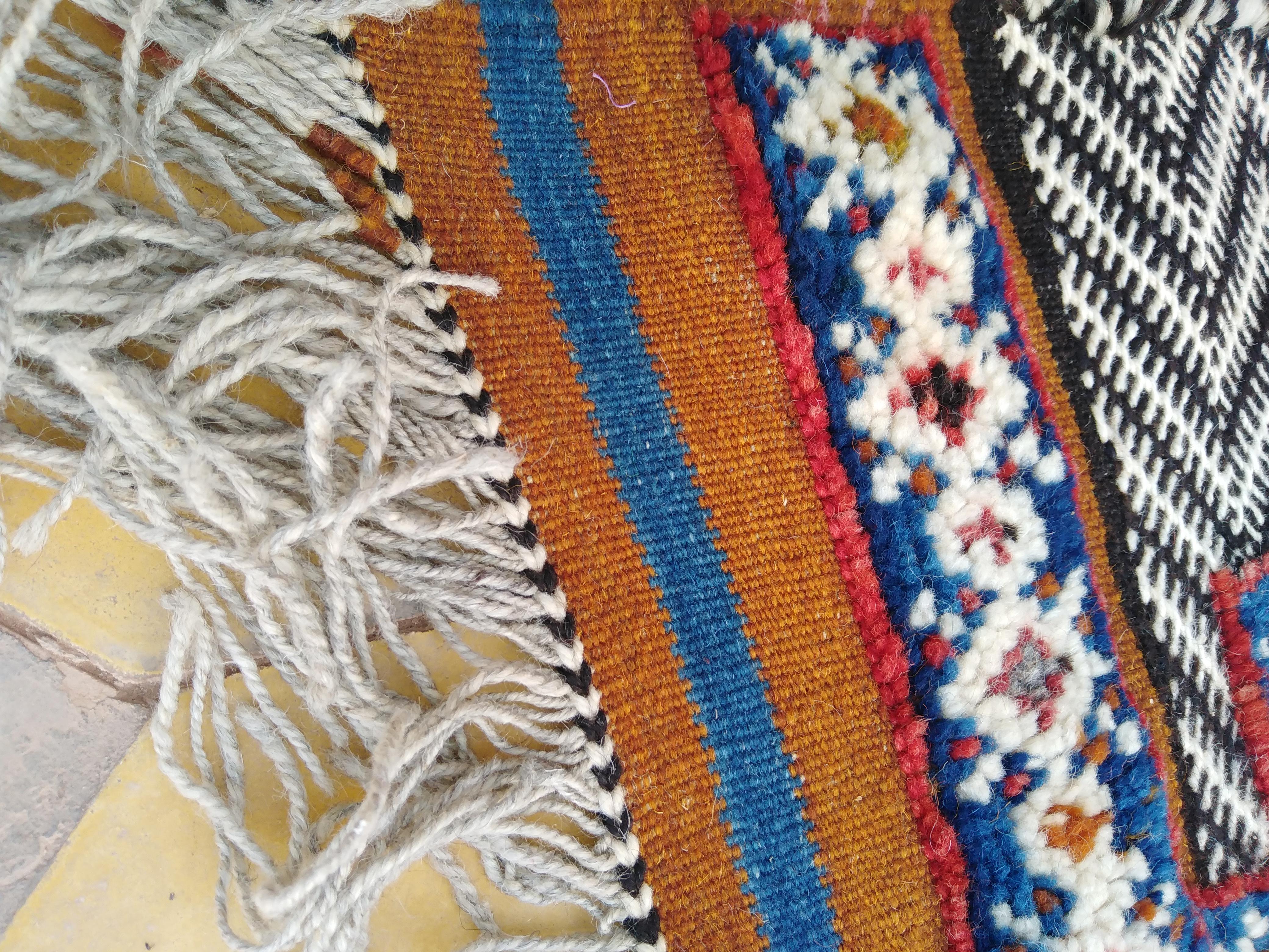 Hand Knotted Moroccan Berber Zanifi Area Rug Blue Red Orange Pattern In Good Condition For Sale In Vineyard Haven, MA