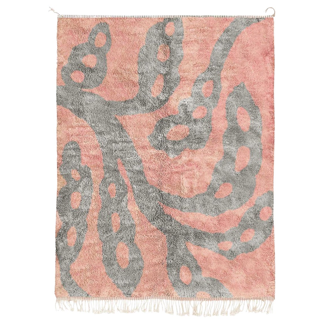 Hand-Knotted Moroccan rug 10’x14’, Pink and Grey Botanical Design, Custom-Made
