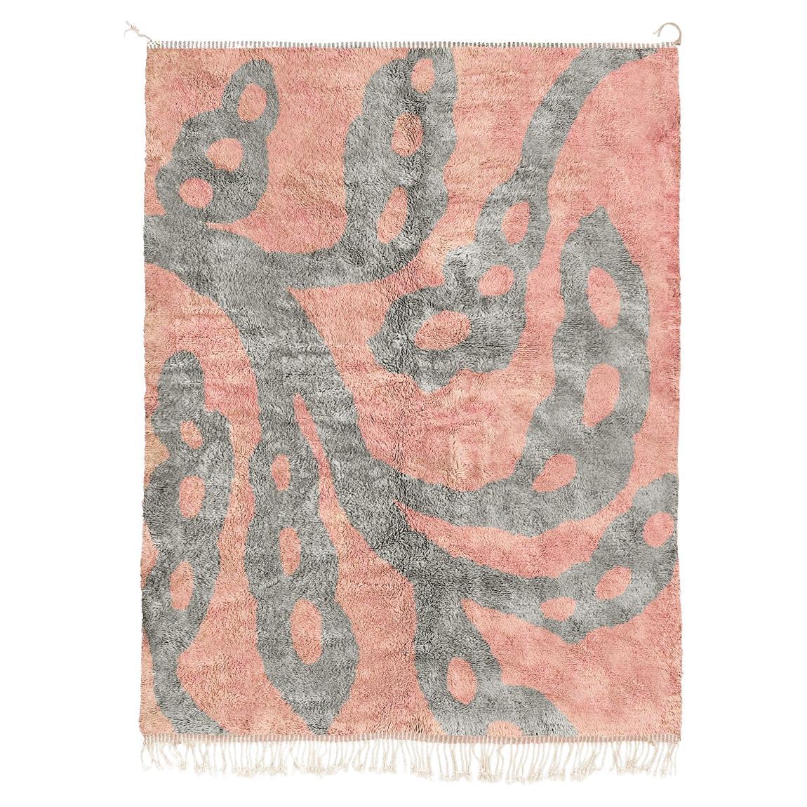 Hand-Knotted Moroccan rug 4’x6’, Pink and Grey Botanical Design, Custom-Made