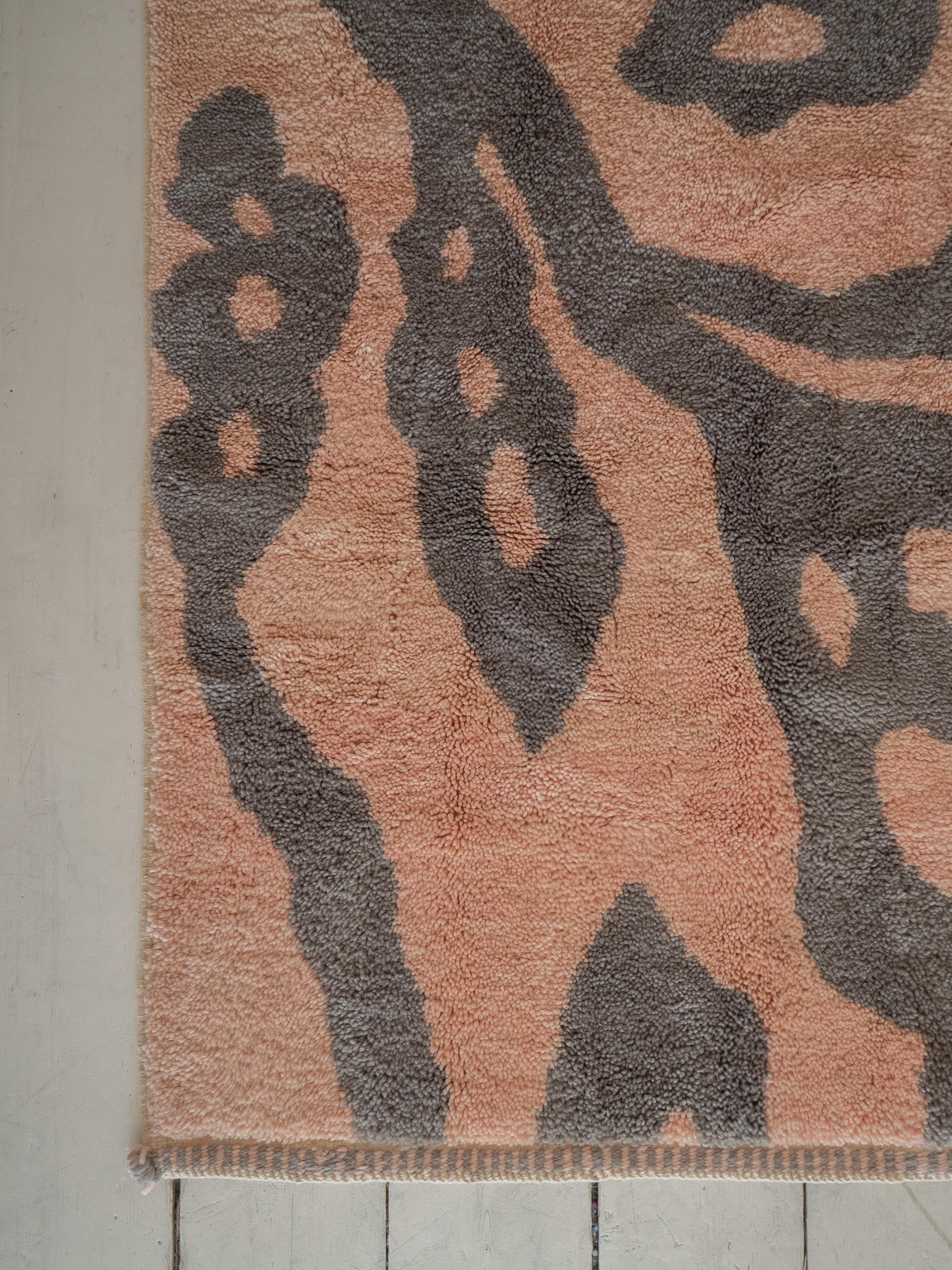 Mid-Century Modern Hand-Knotted Moroccan rug 5’x7’, Pink and Grey Botanical Design, Custom-Made For Sale