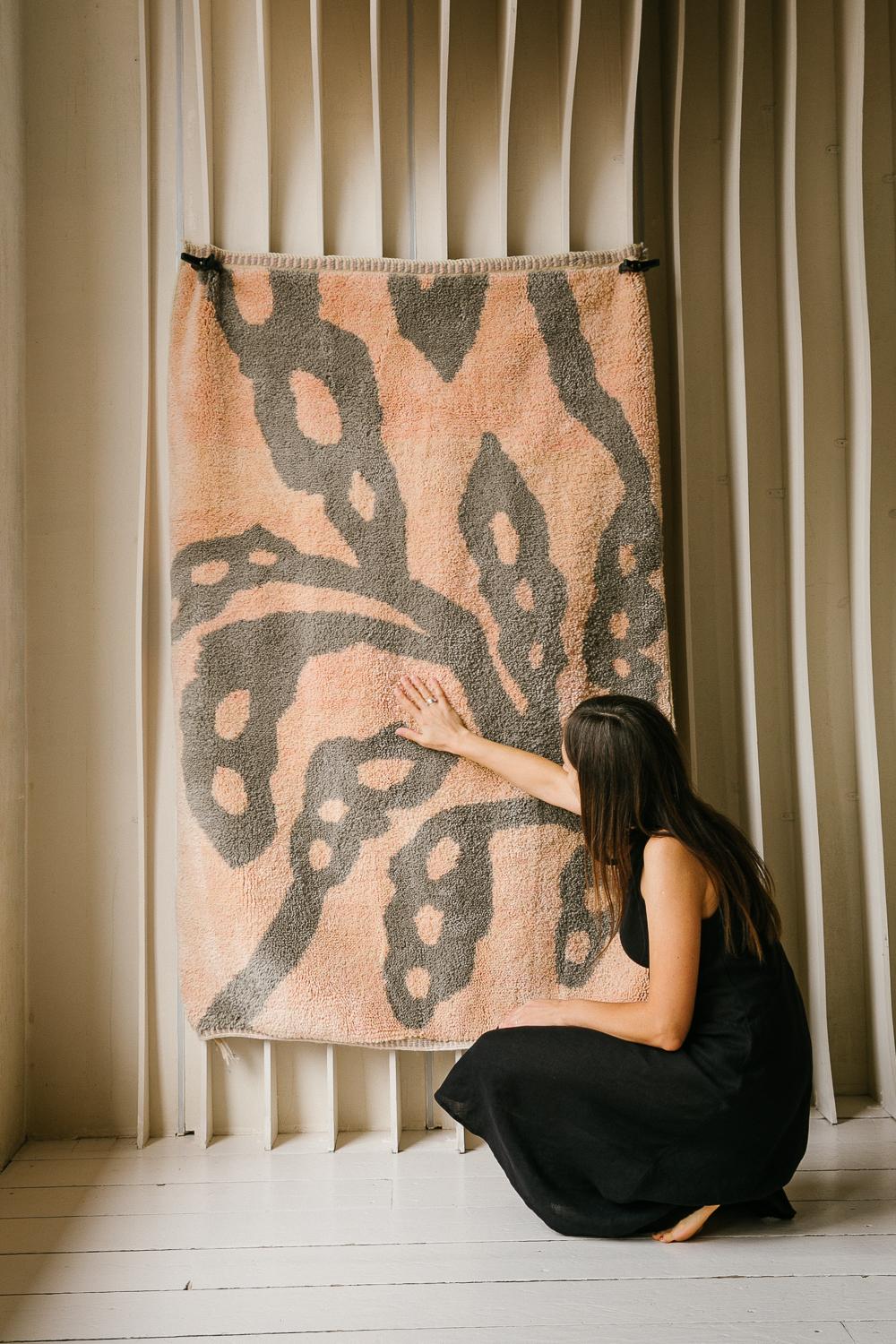 Contemporary Hand-Knotted Moroccan rug 5’x7’, Pink and Grey Botanical Design, Custom-Made For Sale