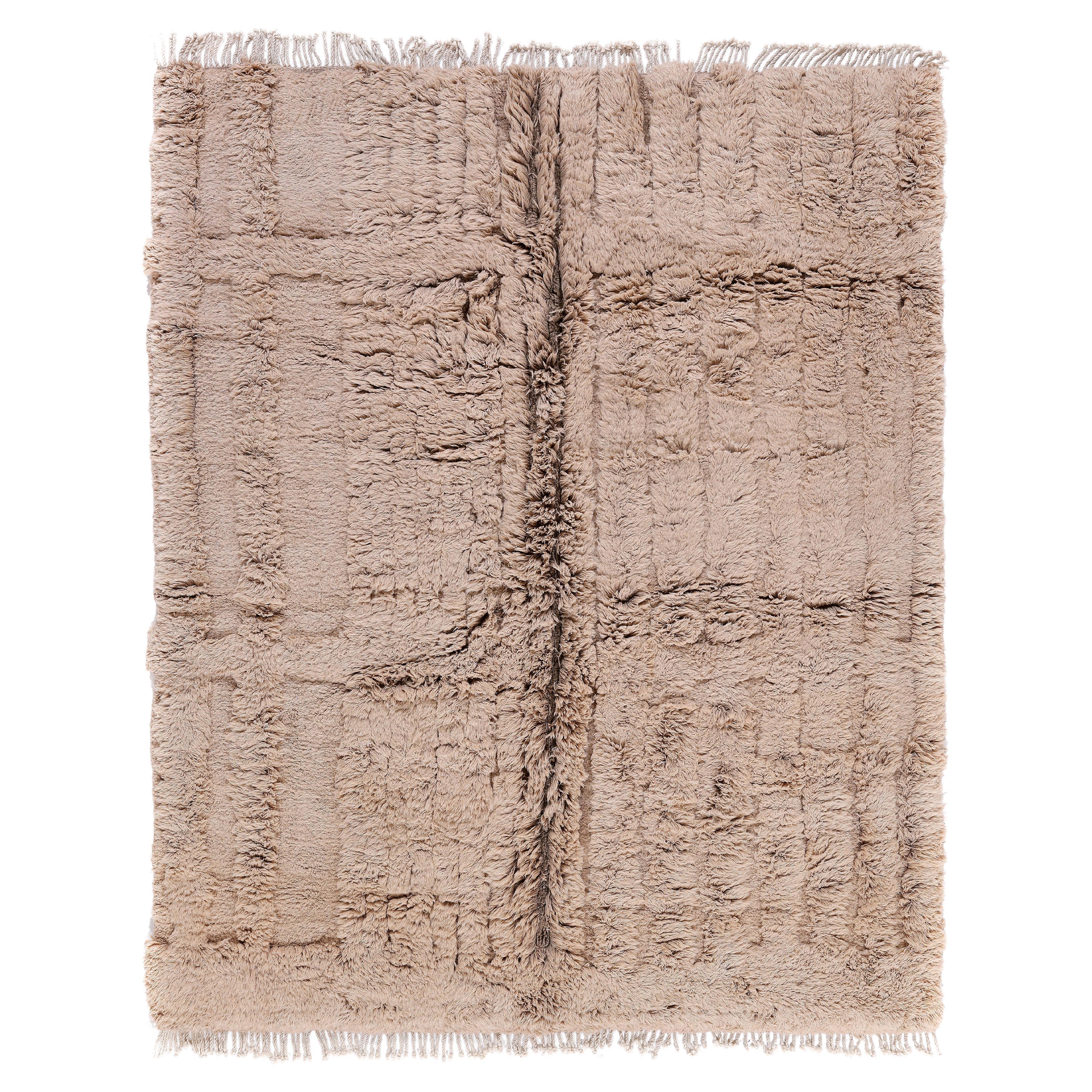 Tapis marocain noué à la main en laine taupe - Design géométrique contemporain