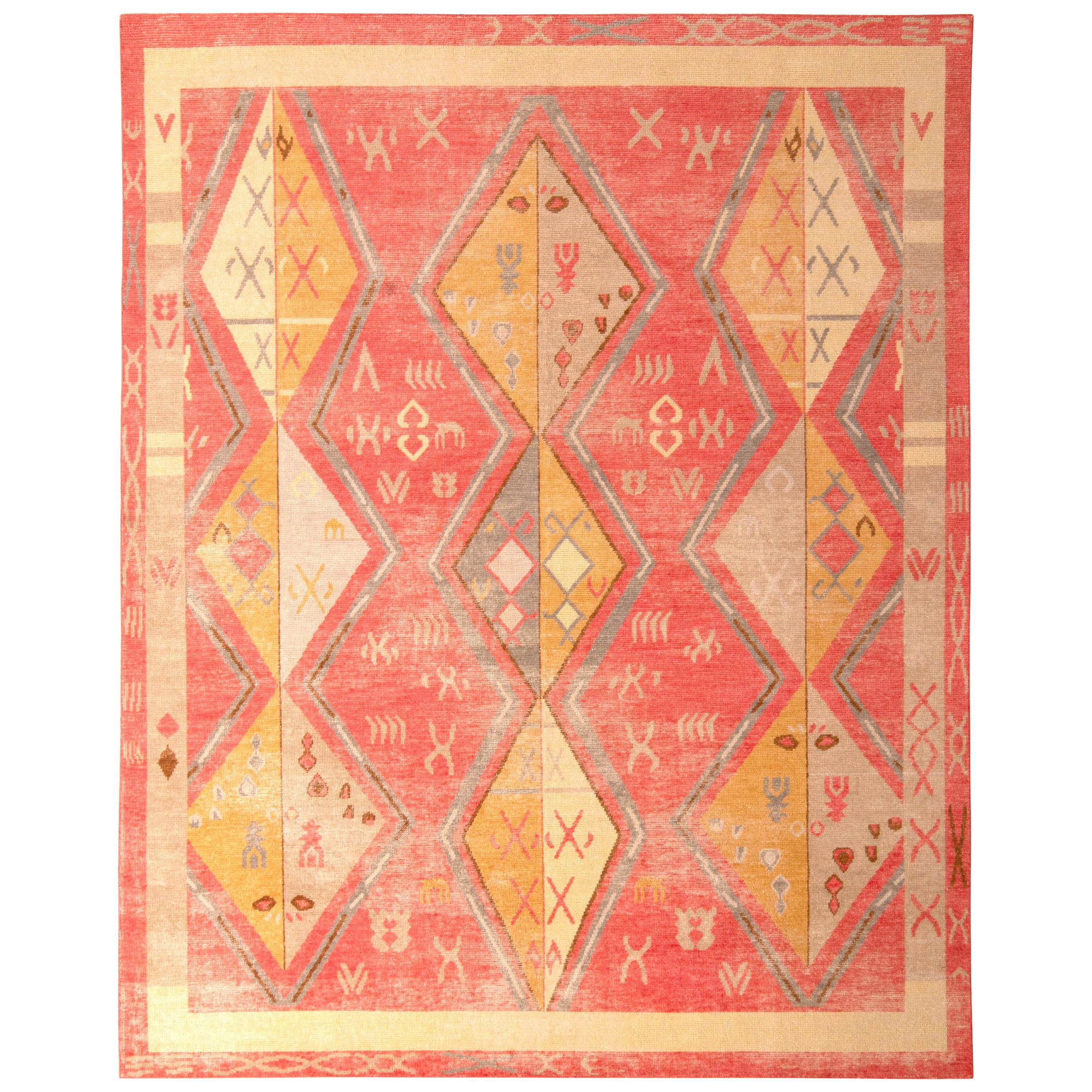 Rug & Kilim's Hand-Knotted Tribal-Style Rug, Red Gold Diamond Pattern