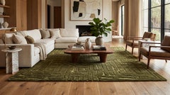 Hand-Knotted Moroccan Style Wool Rug in Olive Green – Contemporary High-Low