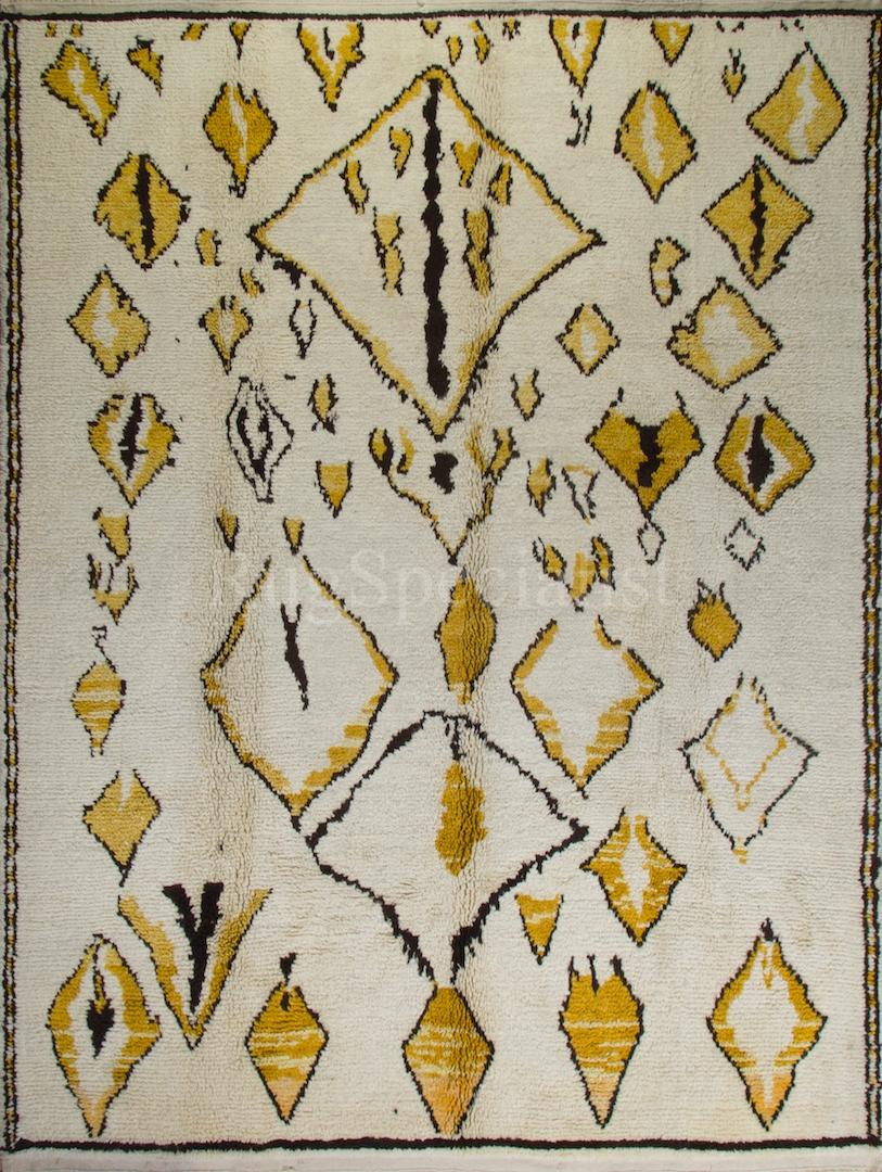 Hand-Knotted Moroccan Tulu Rug in Ivory, Dark Brown & Mustard Yellow. 100% Wool