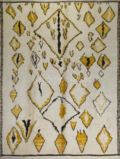 Alfombra Tulu Marroquí Anudada a Mano en Marfil, Marrón Oscuro y Amarillo Mostaza. 100% Lana