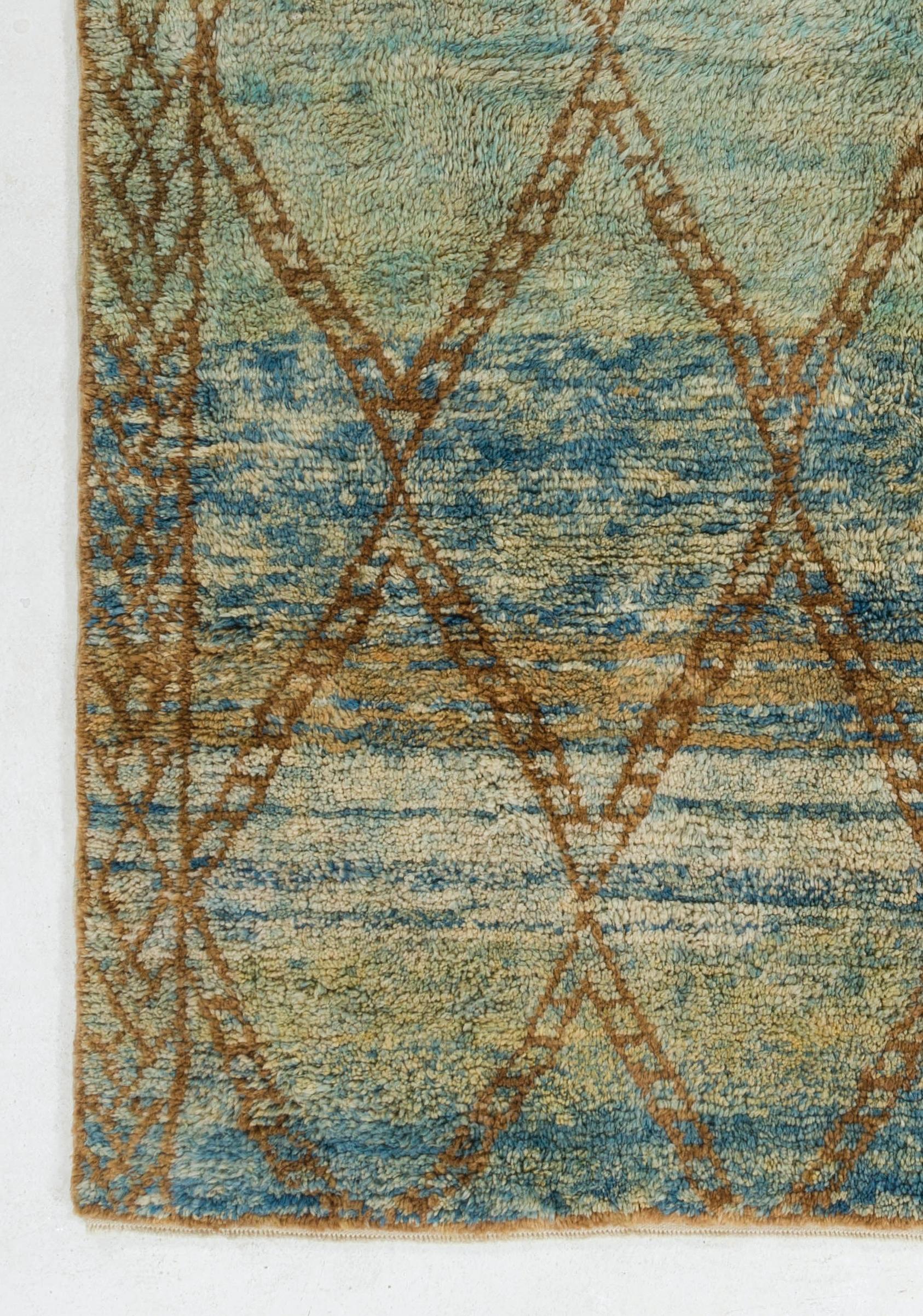 Turkish 7x10 Ft Modern Moroccan Berber Wool Rug. Hand-knotted in Green, Blue & Brown For Sale